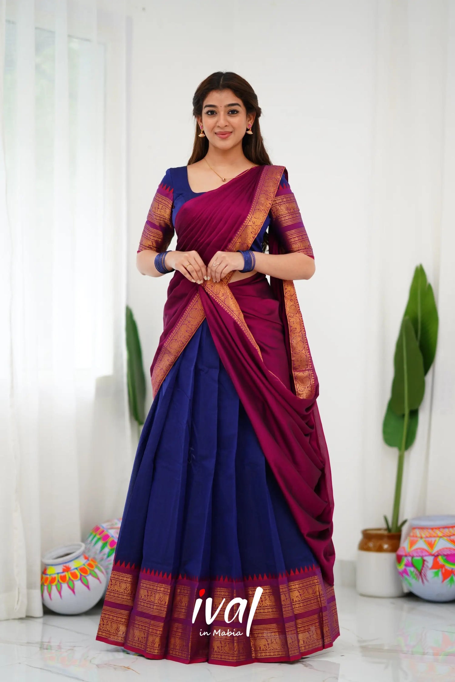 Padmaja Cotton Half Saree - Navy Blue And Magenta Sarees