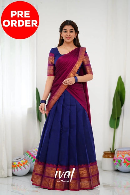 Padmaja Cotton Half Saree - Navy Blue And Magenta Sarees