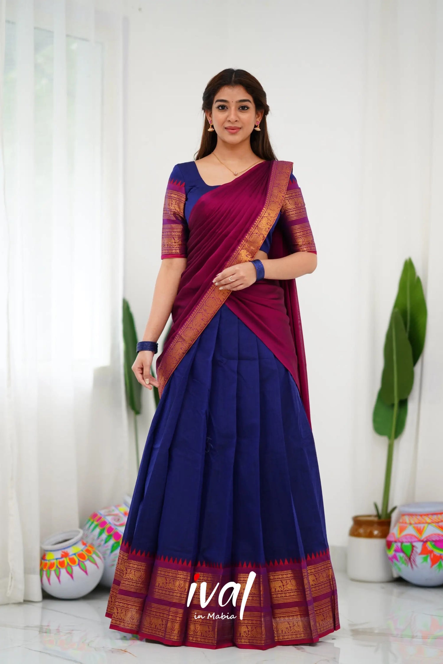 Padmaja Cotton Half Saree - Navy Blue And Magenta Sarees