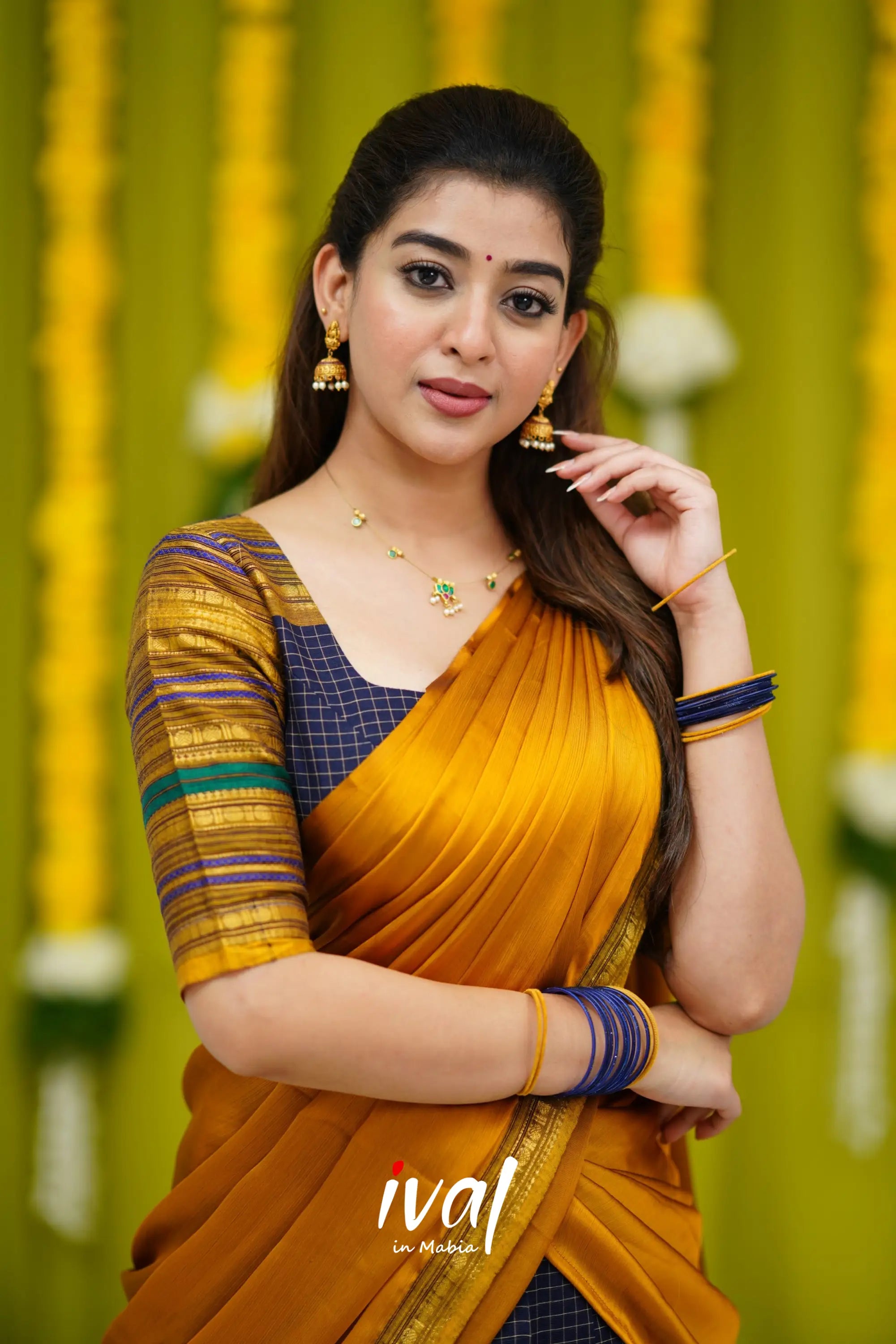 Padmaja Cotton Half Saree - Navy Blue And Mustard Sarees