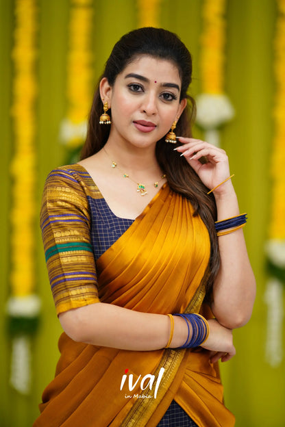 Padmaja Cotton Half Saree - Navy Blue And Mustard Sarees