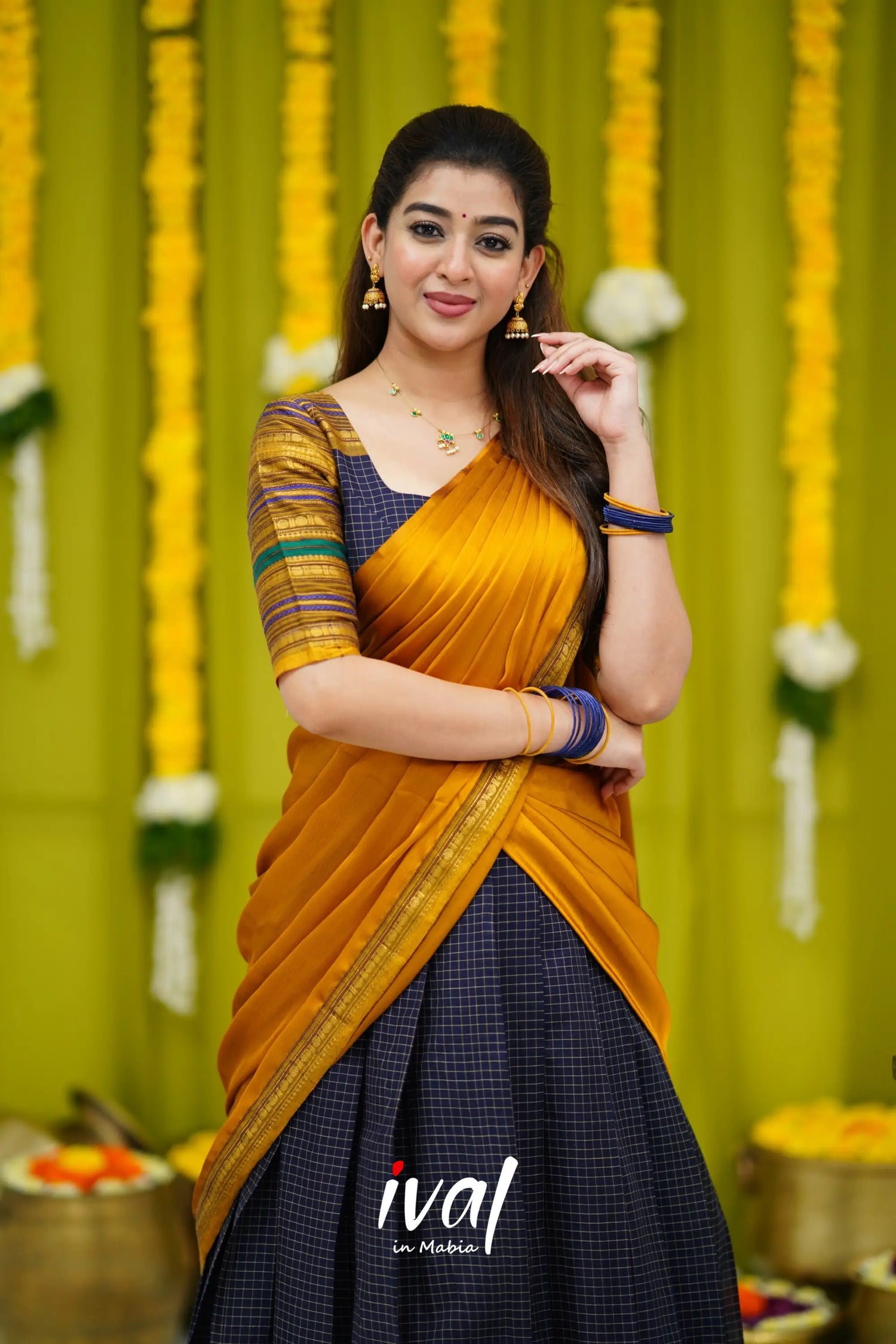 Padmaja Cotton Half Saree - Navy Blue And Mustard Sarees