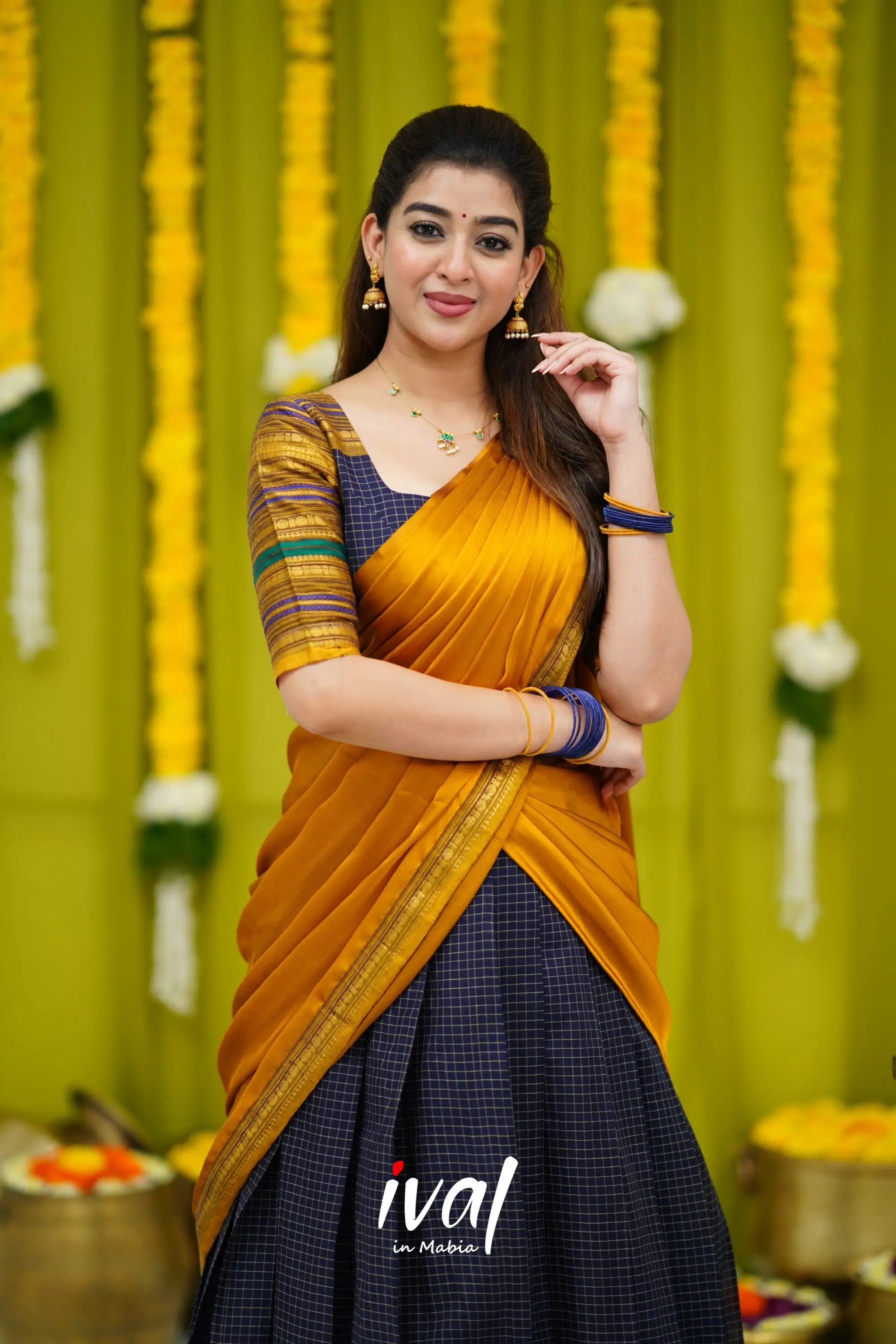 Padmaja Cotton Half Saree - Navy Blue And Mustard Sarees