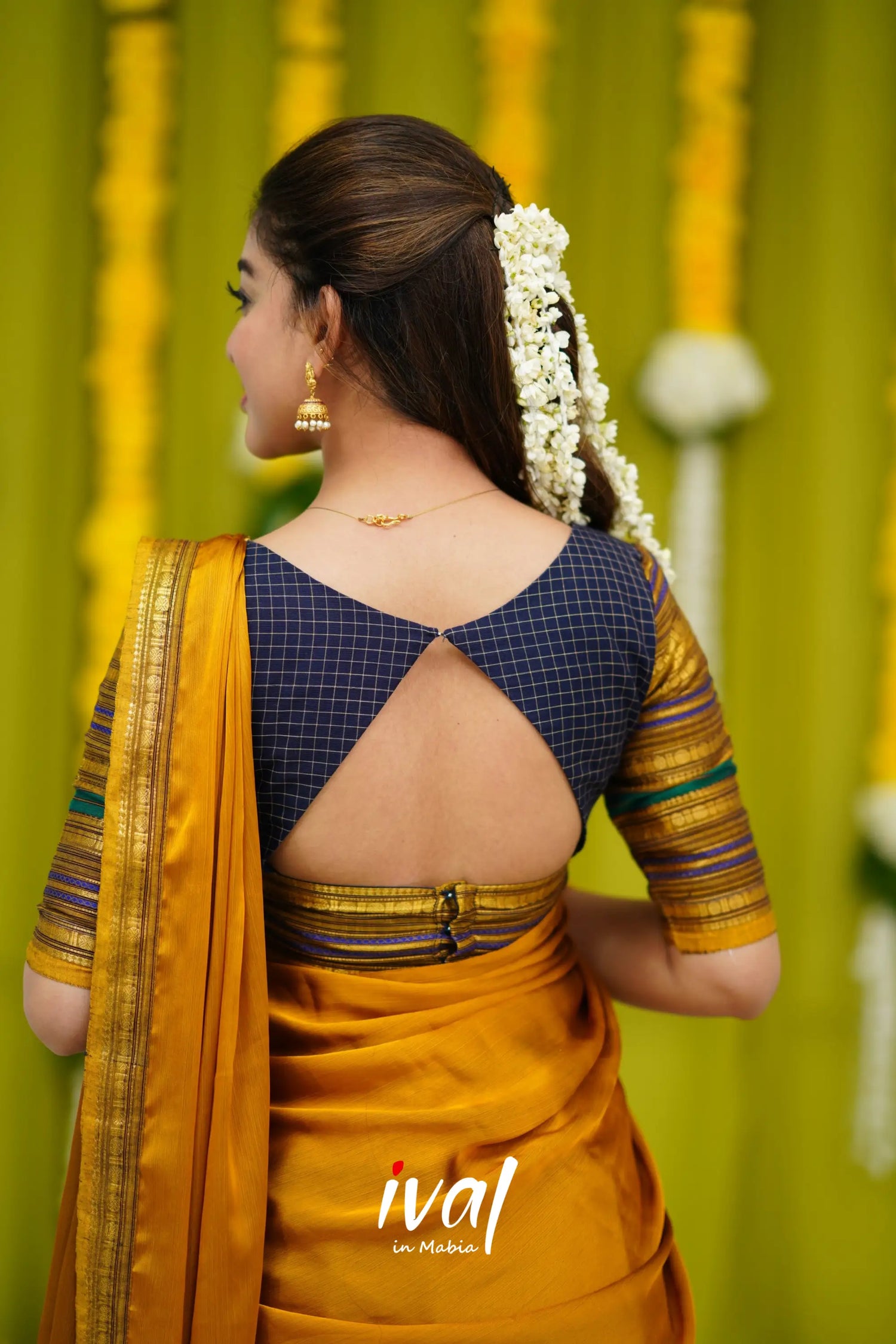 Padmaja Cotton Half Saree - Navy Blue And Mustard Sarees
