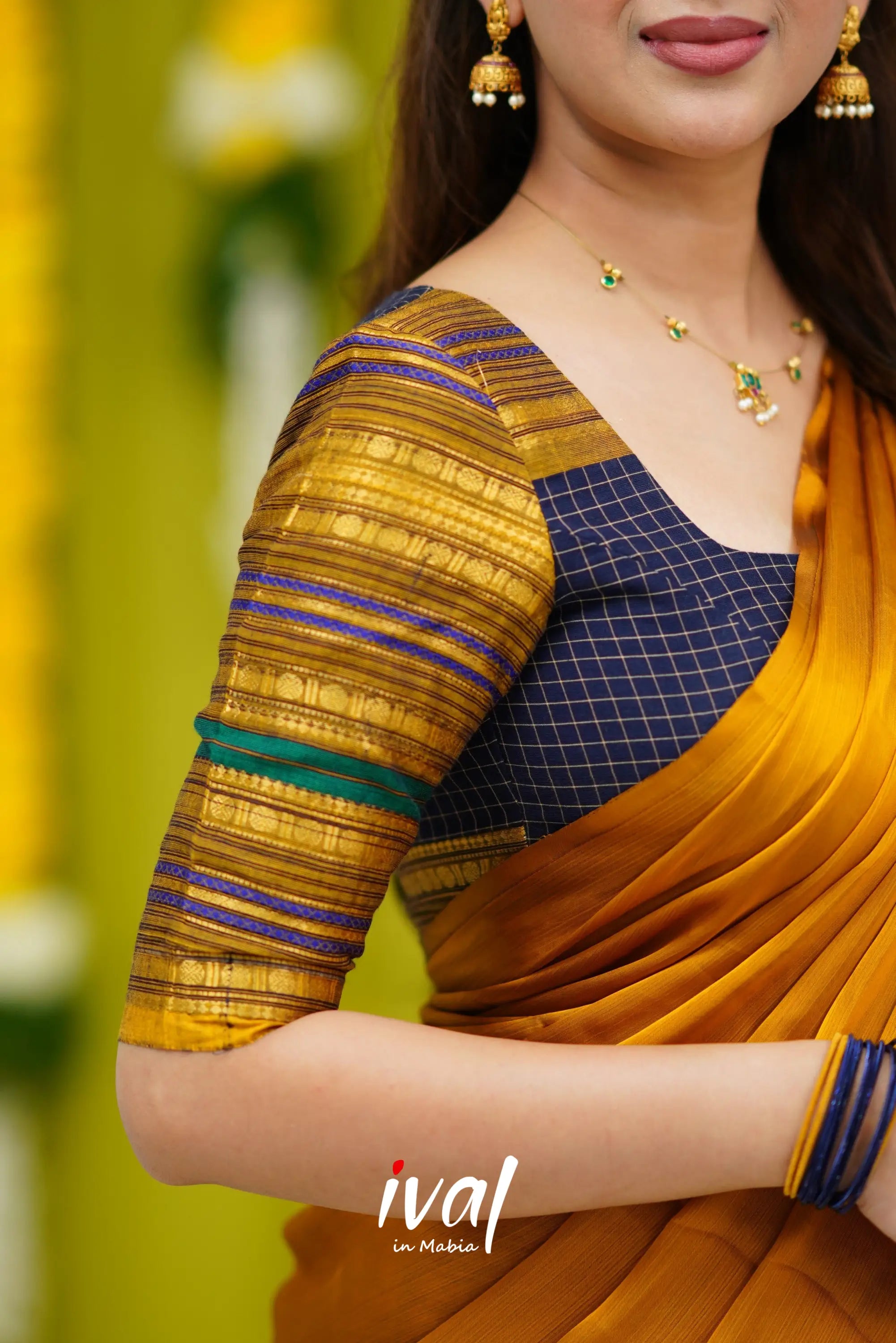 Padmaja Cotton Half Saree - Navy Blue And Mustard Sarees