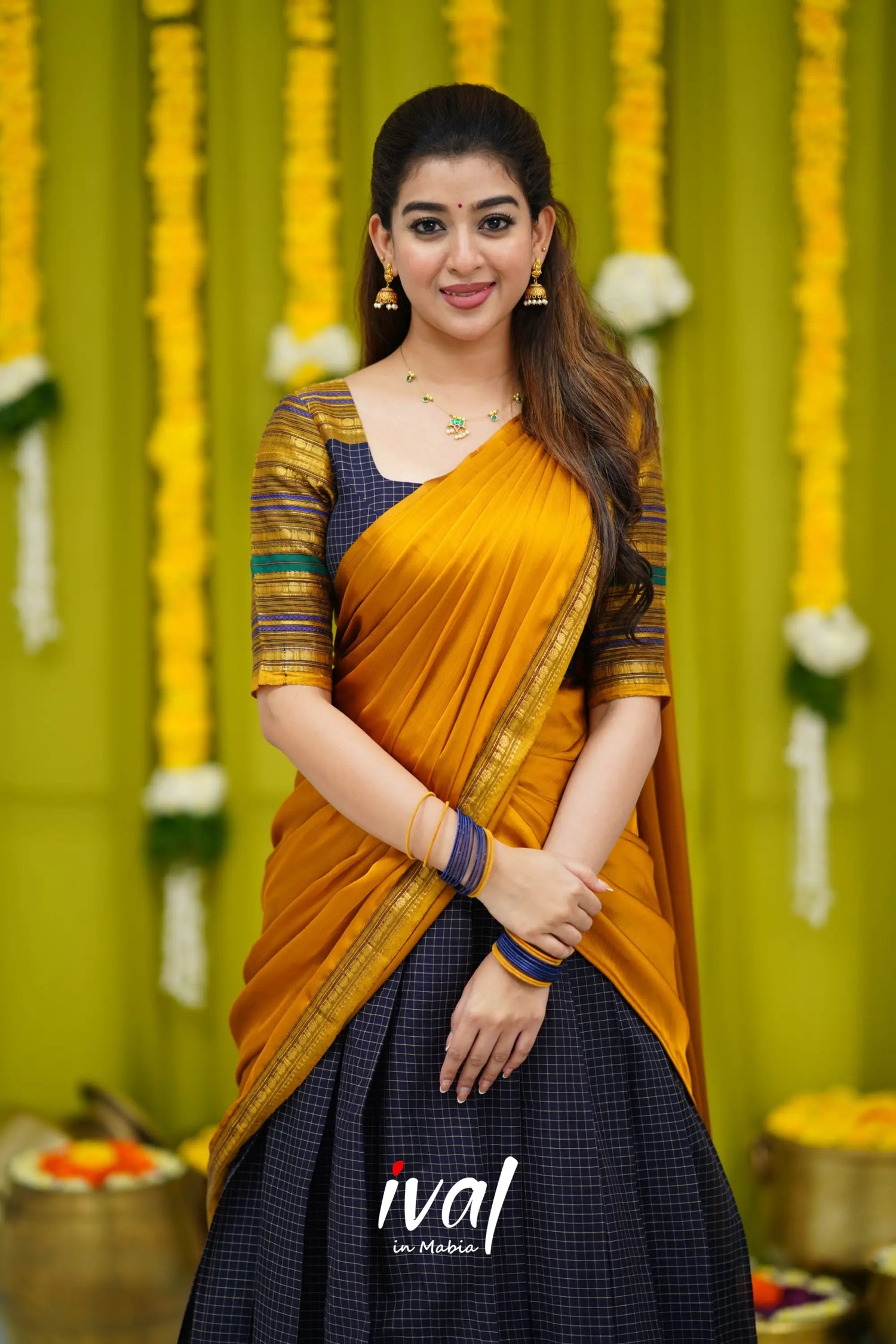 Padmaja Cotton Half Saree - Navy Blue And Mustard Sarees