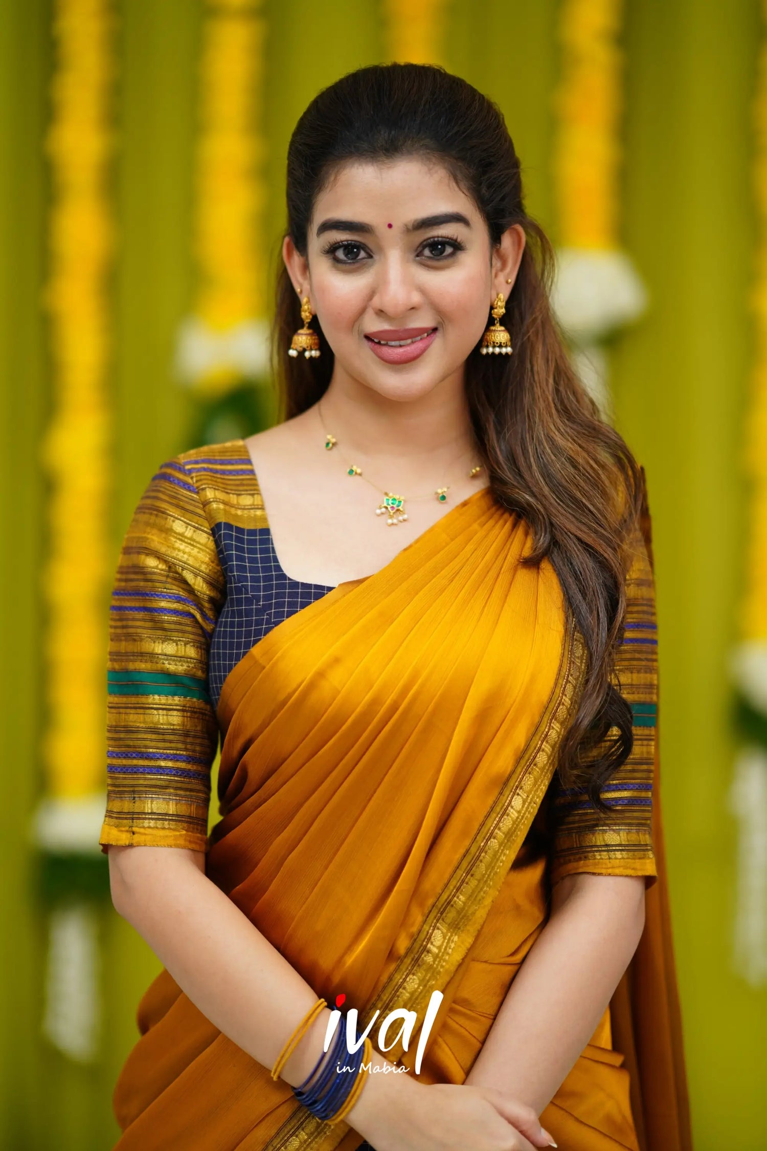 Padmaja Cotton Half Saree - Navy Blue And Mustard Sarees