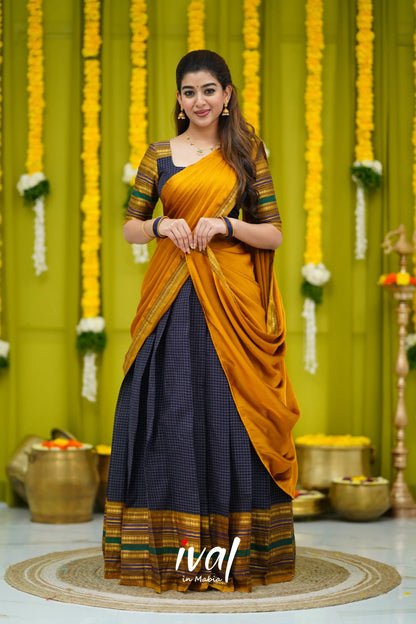 Padmaja Cotton Half Saree - Navy Blue And Mustard Sarees