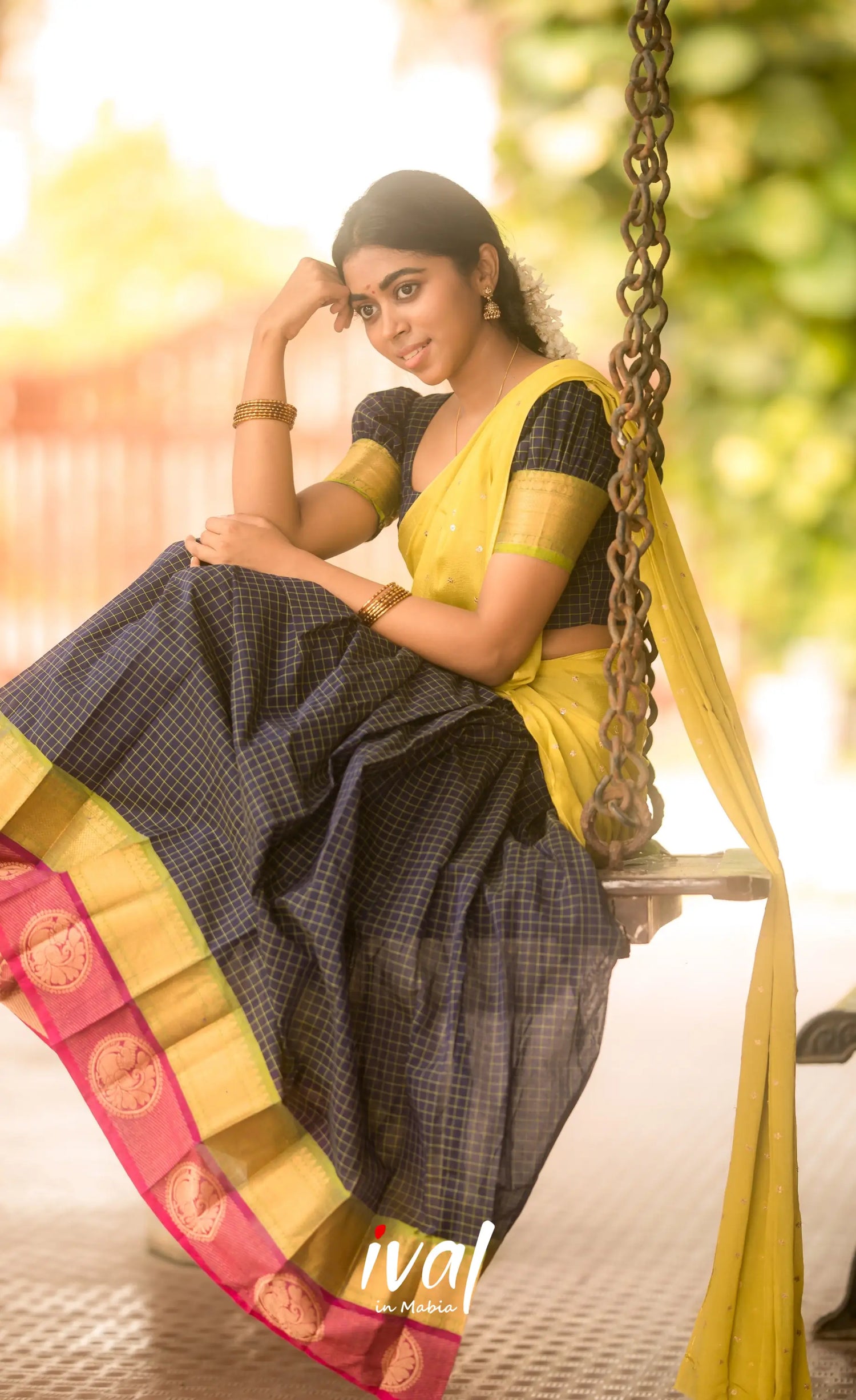 Padmaja Cotton Half Saree - Navy Blue and Neon Green Half Sarees