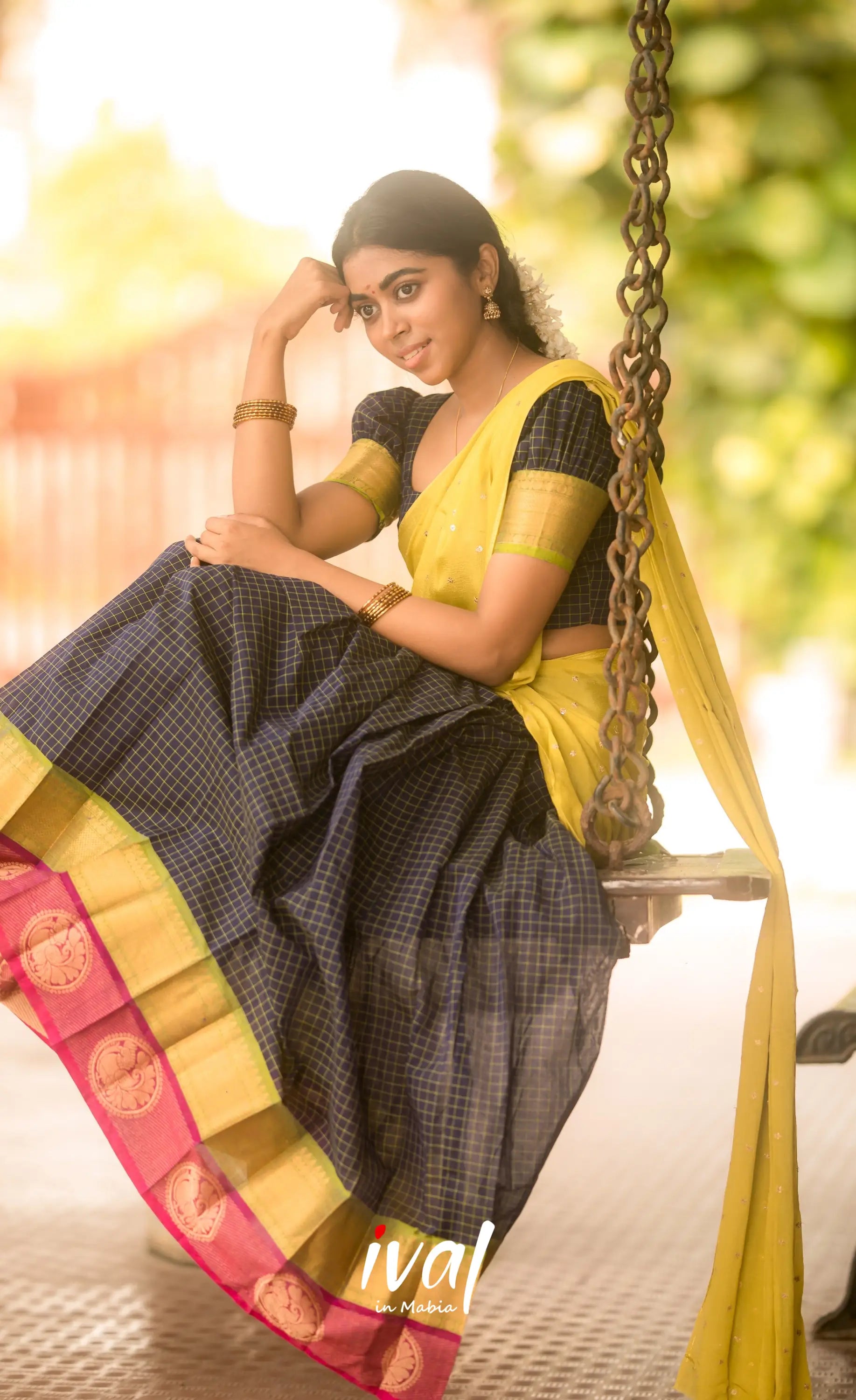 Padmaja Cotton Half Saree - Navy Blue and Neon Green Half Sarees