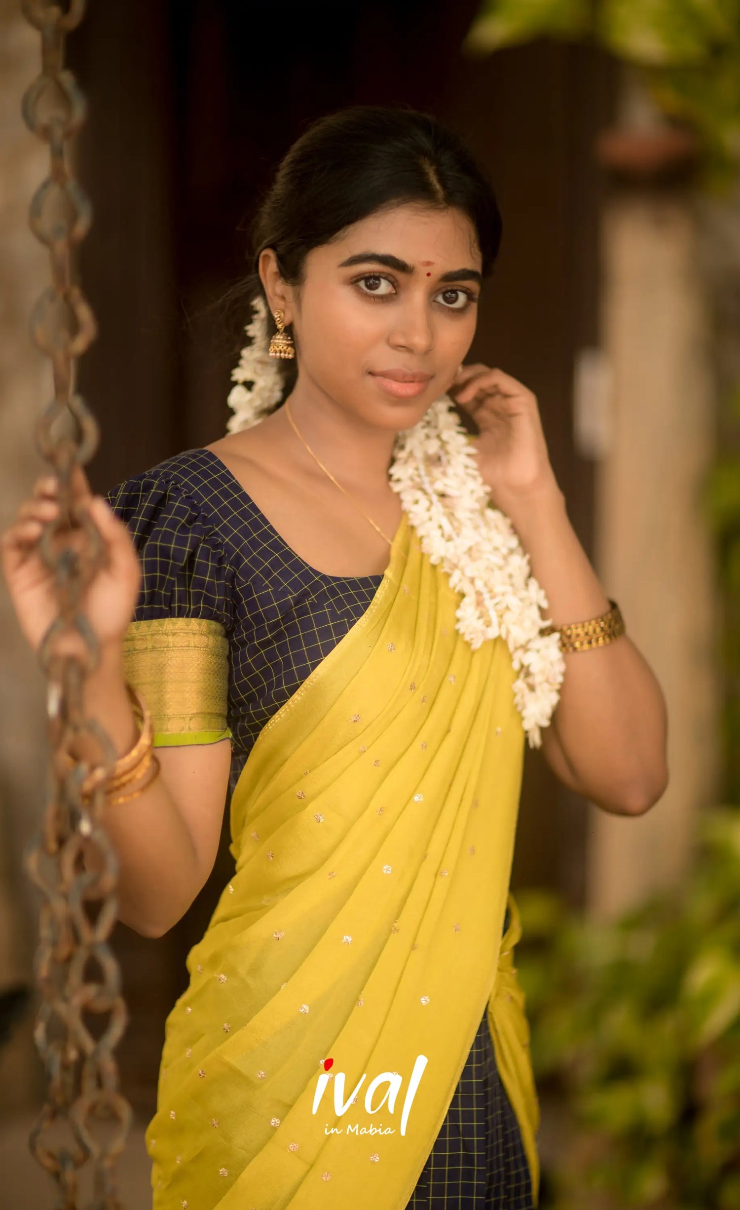 Padmaja Cotton Half Saree - Navy Blue and Neon Green Half Sarees