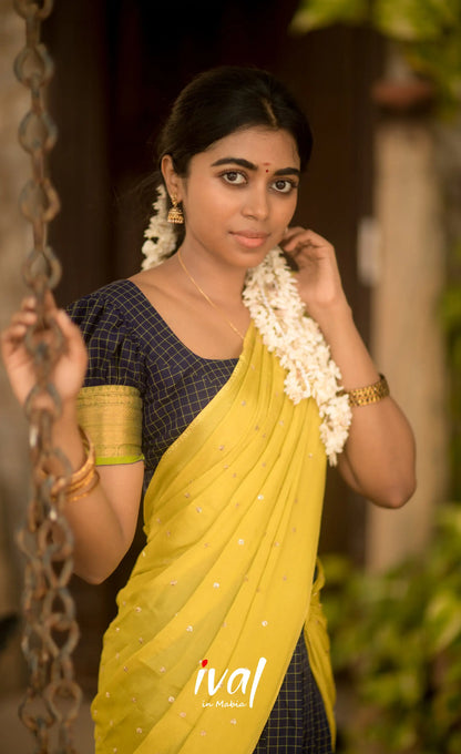 Padmaja Cotton Half Saree - Navy Blue and Neon Green Half Sarees