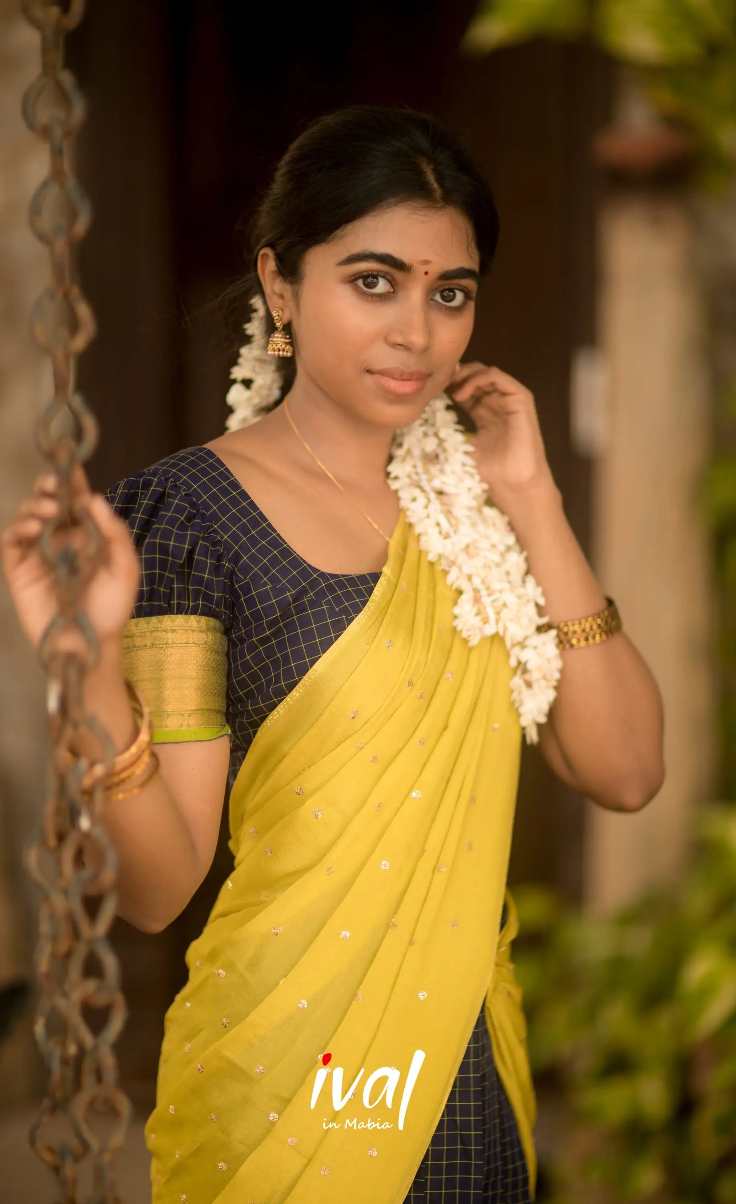 Padmaja Cotton Half Saree - Navy Blue and Neon Green Half Sarees