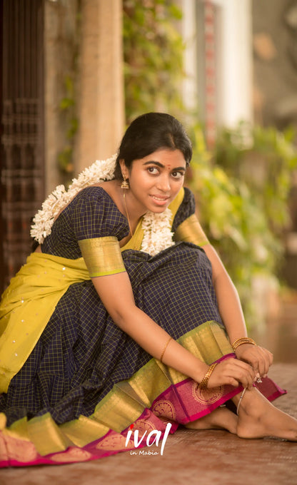 Padmaja Cotton Half Saree - Navy Blue and Neon Green Half Sarees