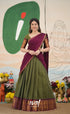 Padmaja Cotton Half Saree - Olive Green and Maroon Half Sarees
