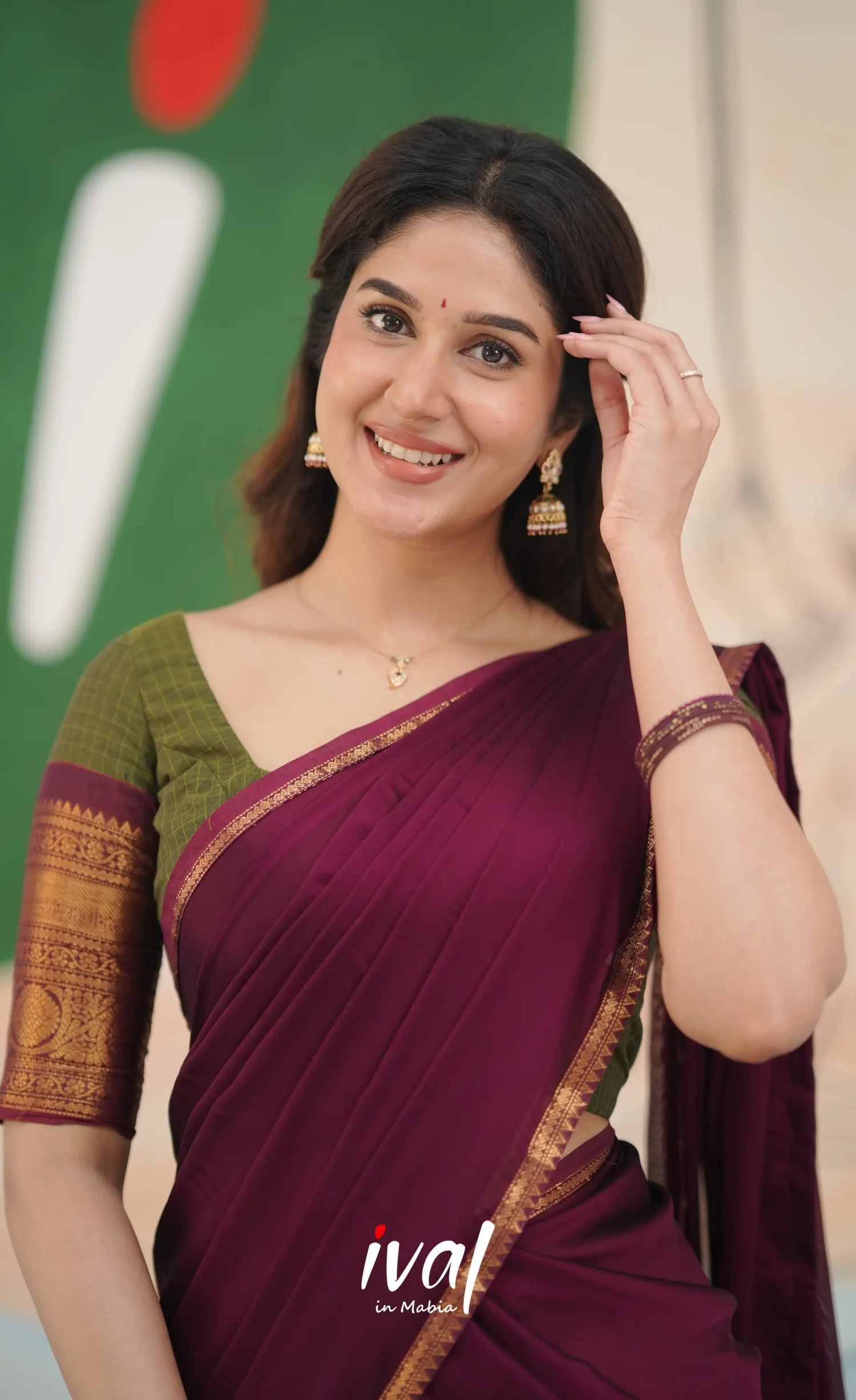 Padmaja Cotton Half Saree - Olive Green and Maroon Half Sarees