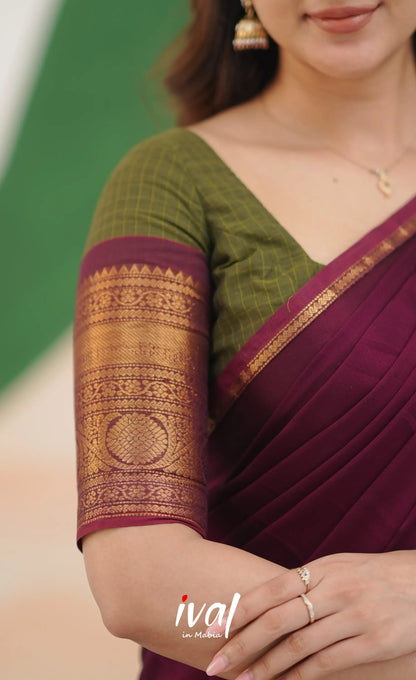 Padmaja Cotton Half Saree - Olive Green and Maroon Half Sarees