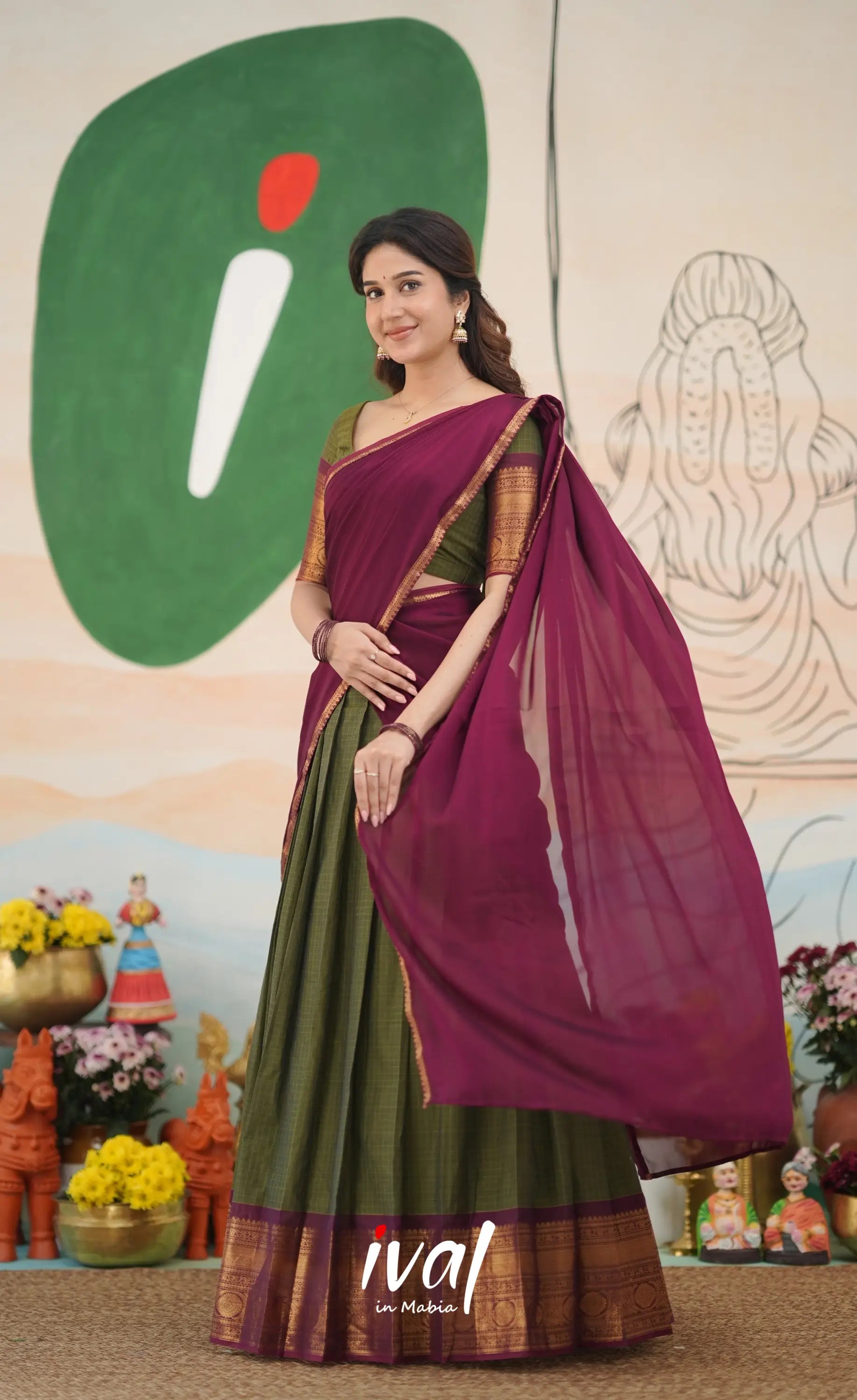 Padmaja Cotton Half Saree - Olive Green and Maroon Half Sarees