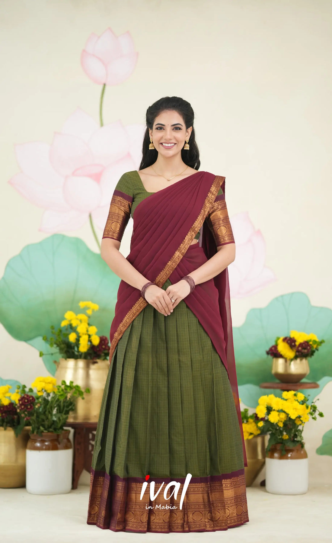 Padmaja Cotton Half Saree - Olive Green and Maroon Half Sarees