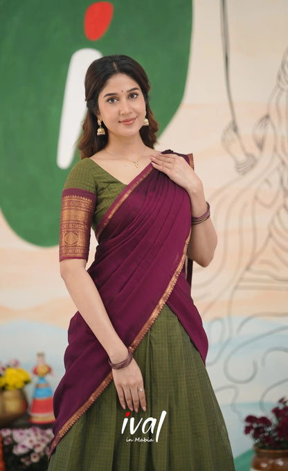 Padmaja Cotton Half Saree - Olive Green and Maroon Half Sarees