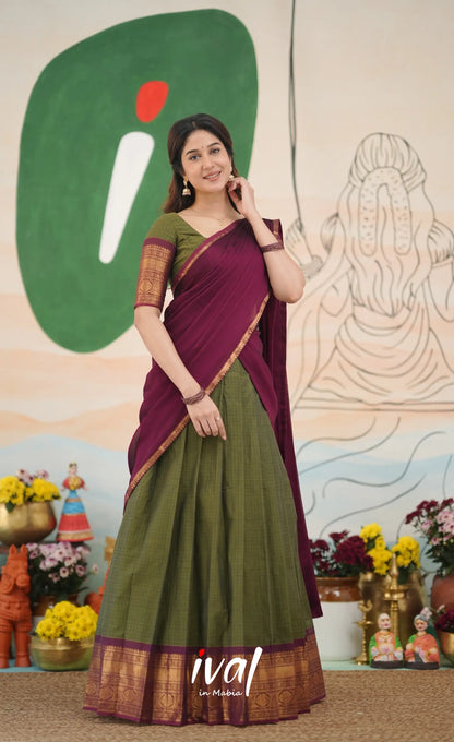 Padmaja Cotton Half Saree - Olive Green and Maroon Half Sarees