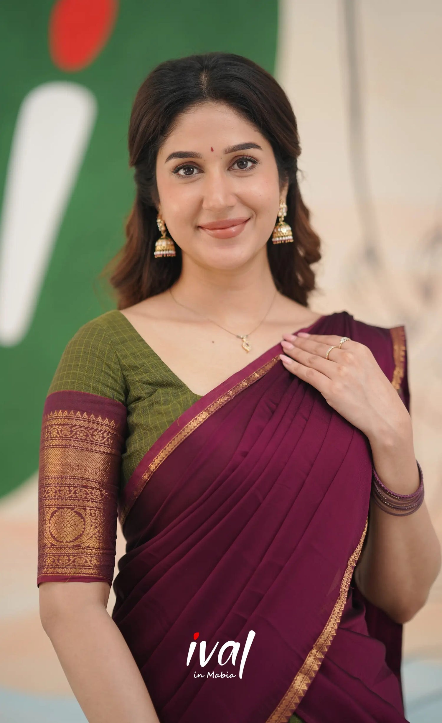 Padmaja Cotton Half Saree - Olive Green and Maroon Half Sarees