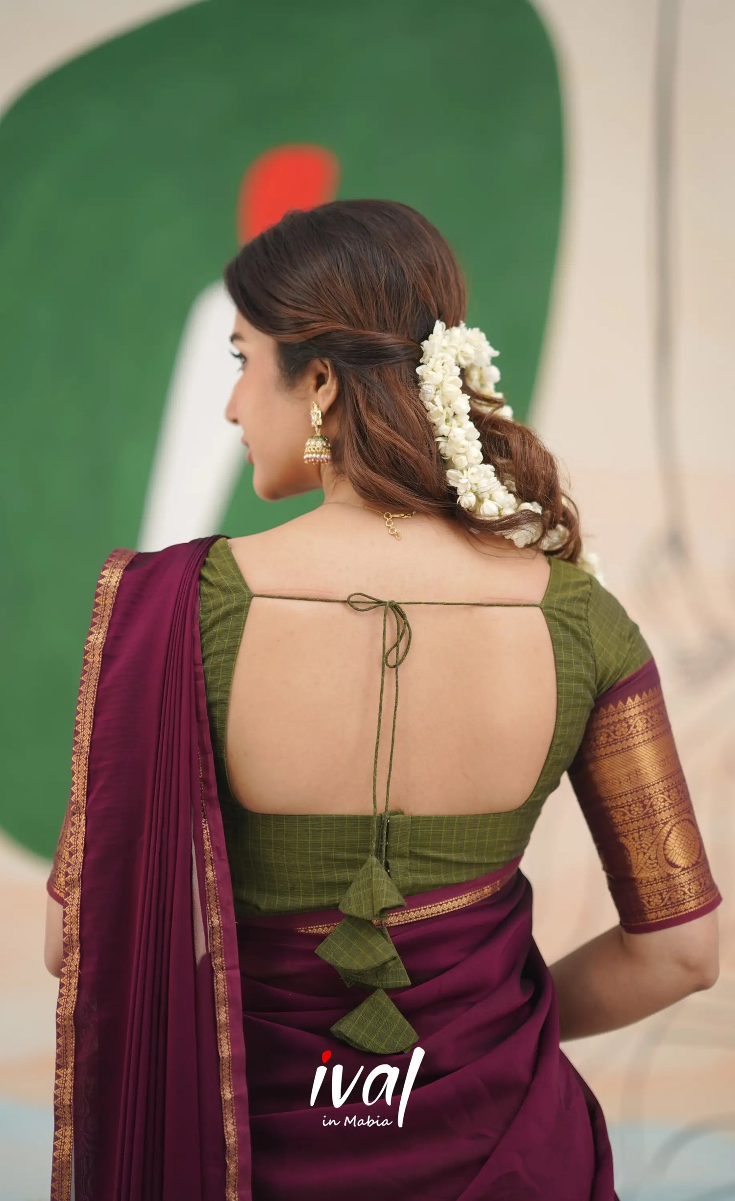 Padmaja Cotton Half Saree - Olive Green and Maroon Half Sarees