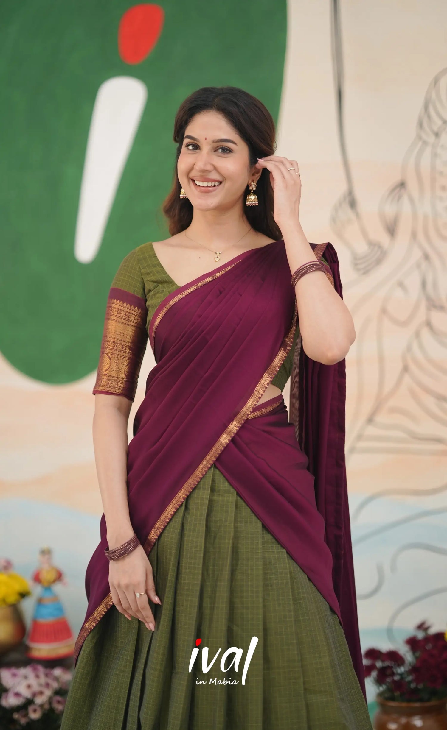 Padmaja Cotton Half Saree - Olive Green and Maroon Half Sarees