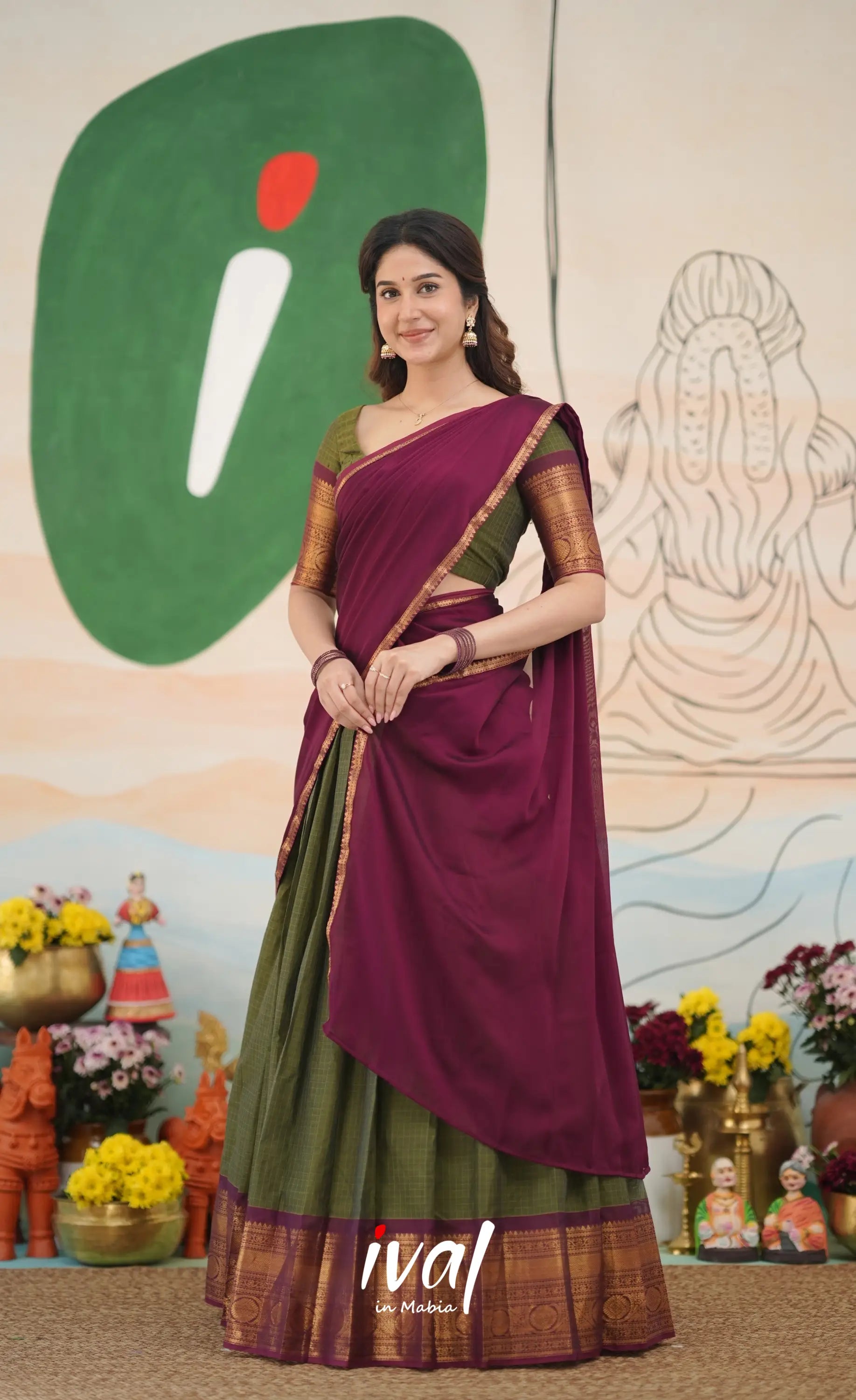 Padmaja Cotton Half Saree - Olive Green and Maroon Half Sarees