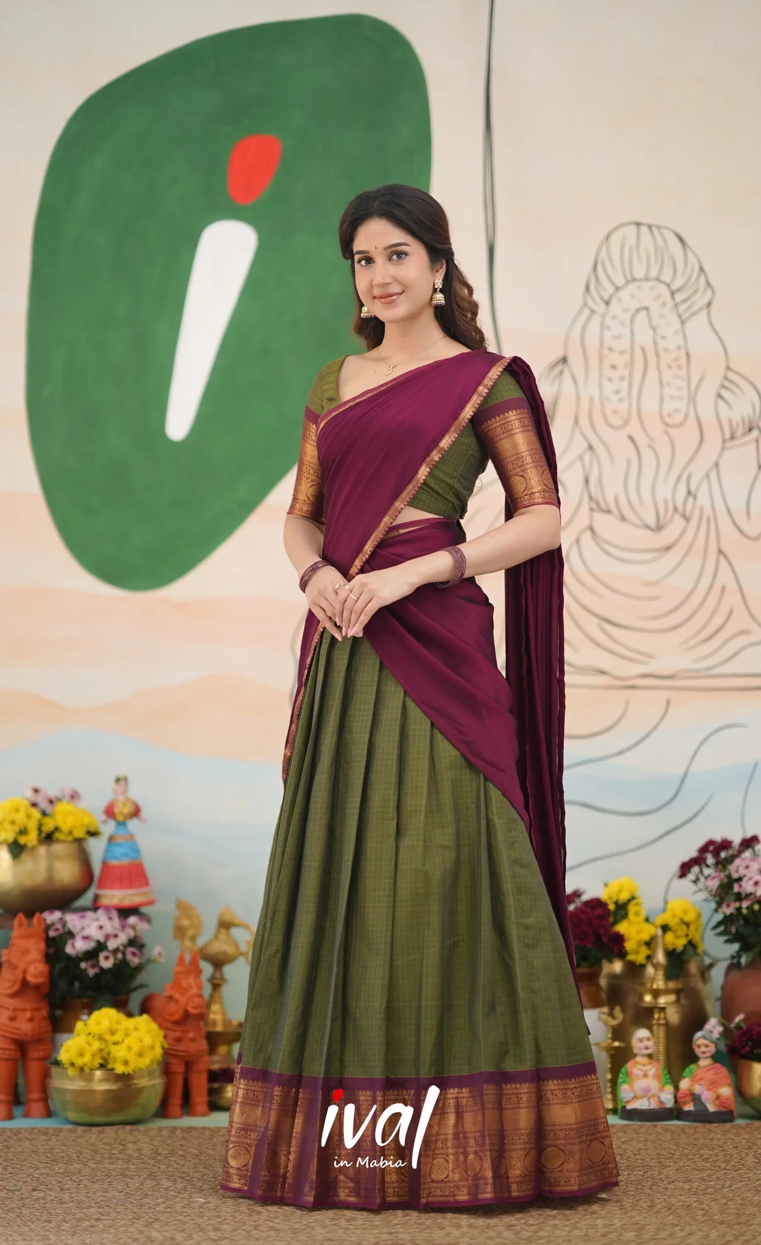 Padmaja Cotton Half Saree - Olive Green and Maroon Half Sarees