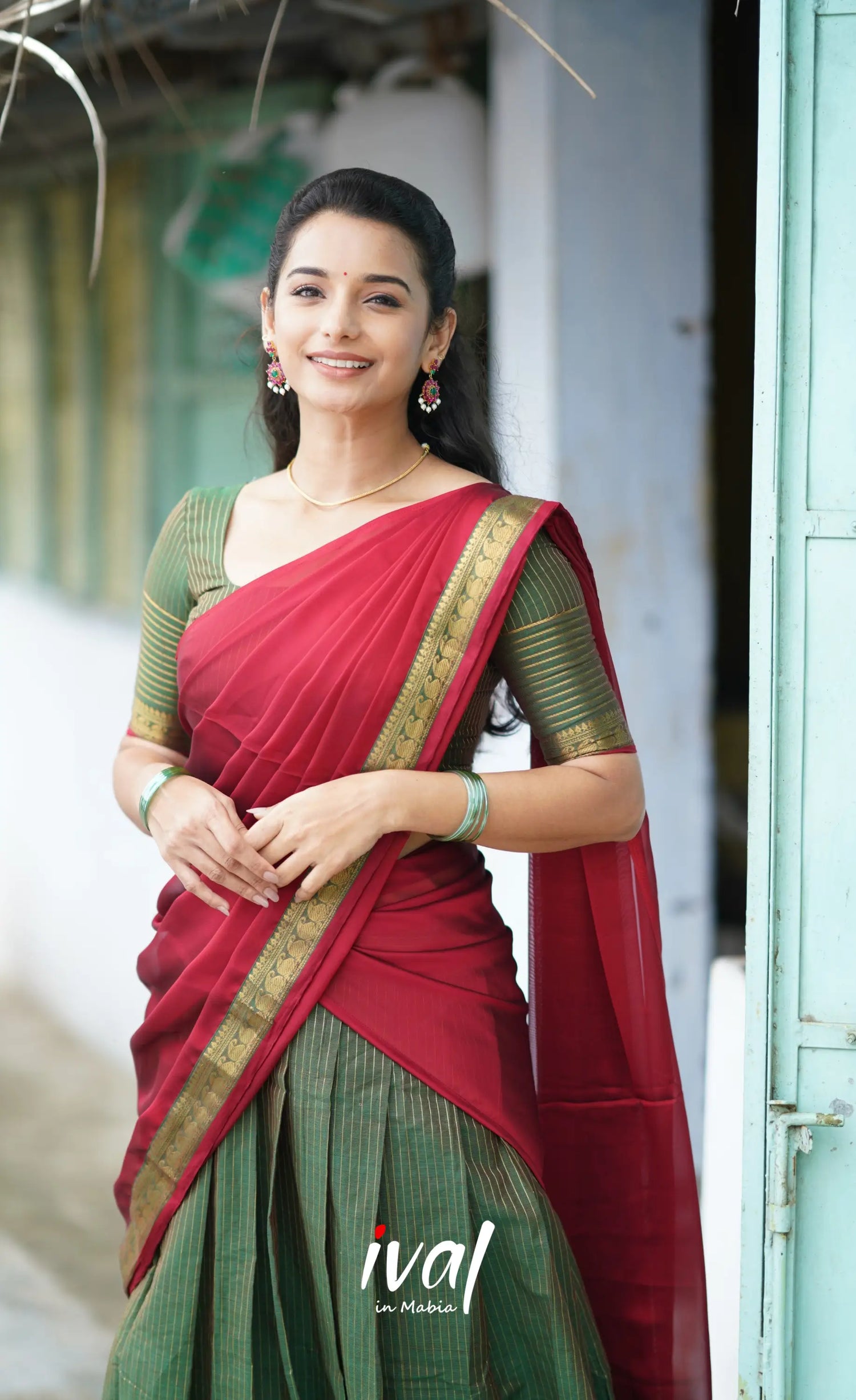 Padmaja Cotton Half Saree - Olive Green And Red Sarees