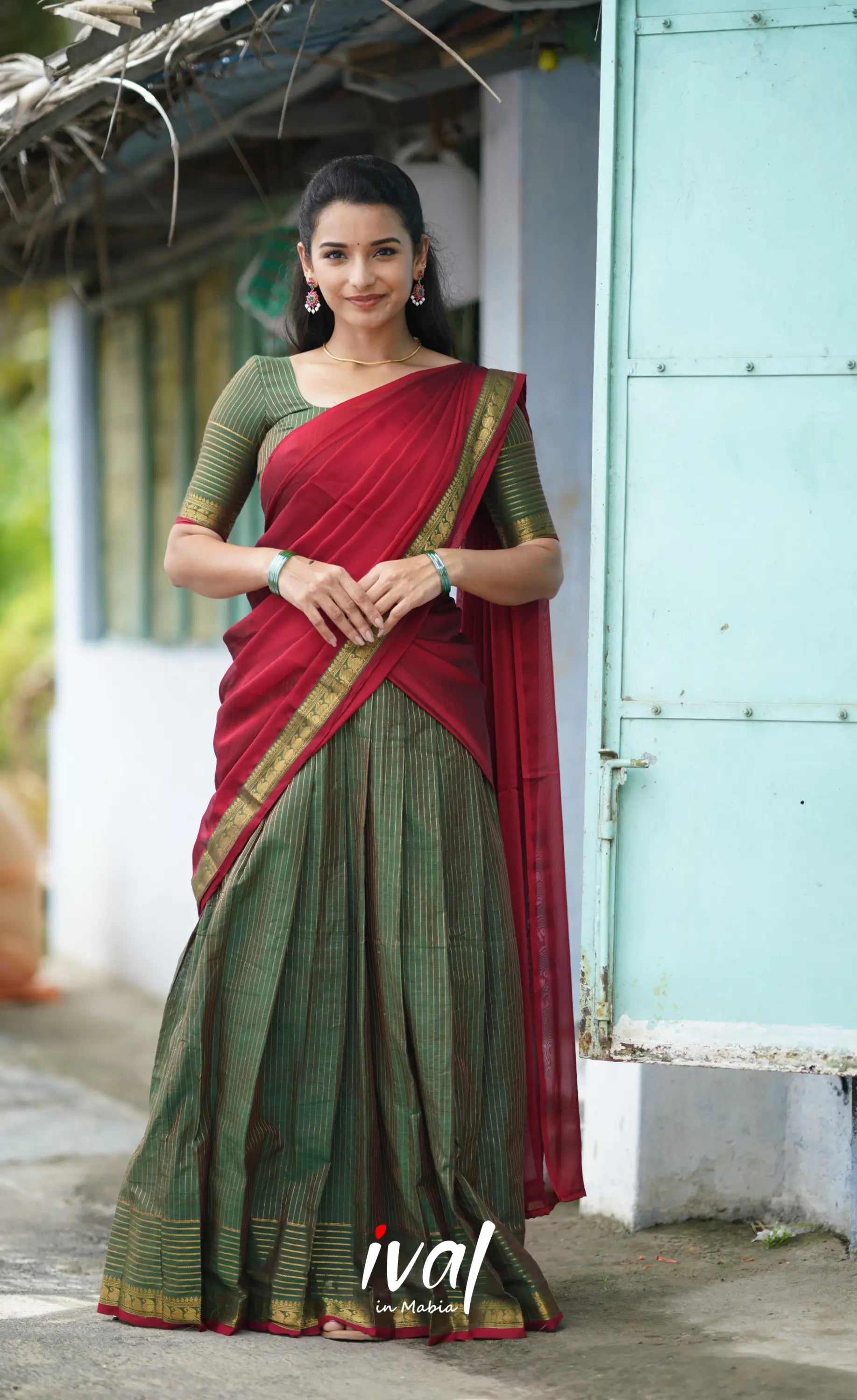 Padmaja Cotton Half Saree - Olive Green And Red Sarees