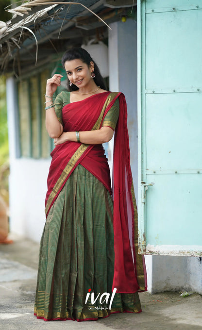 Padmaja Cotton Half Saree - Olive Green And Red Sarees