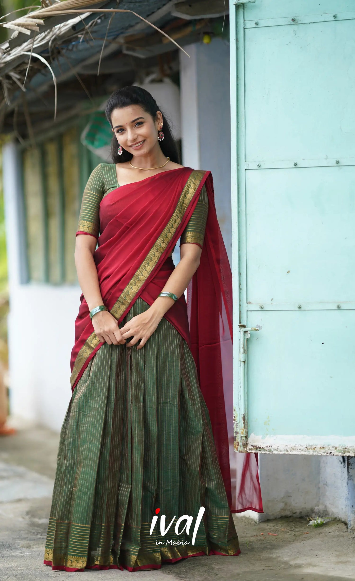 Padmaja Cotton Half Saree - Olive Green And Red Sarees