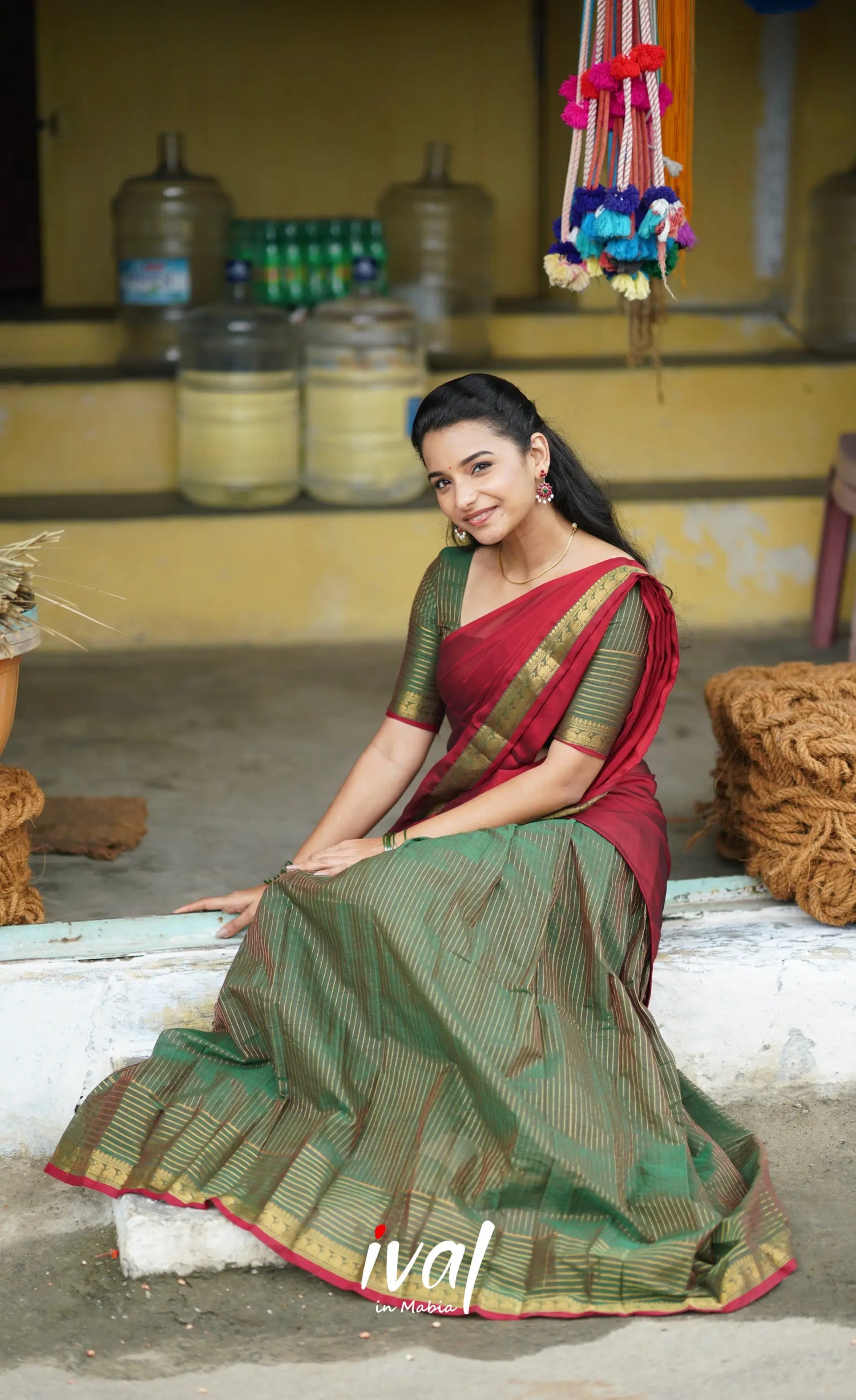 Padmaja Cotton Half Saree - Olive Green And Red Sarees