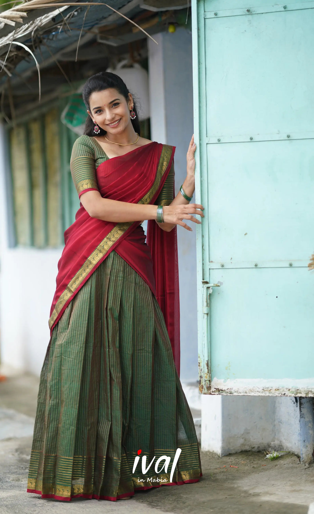 Padmaja Cotton Half Saree - Olive Green And Red Sarees