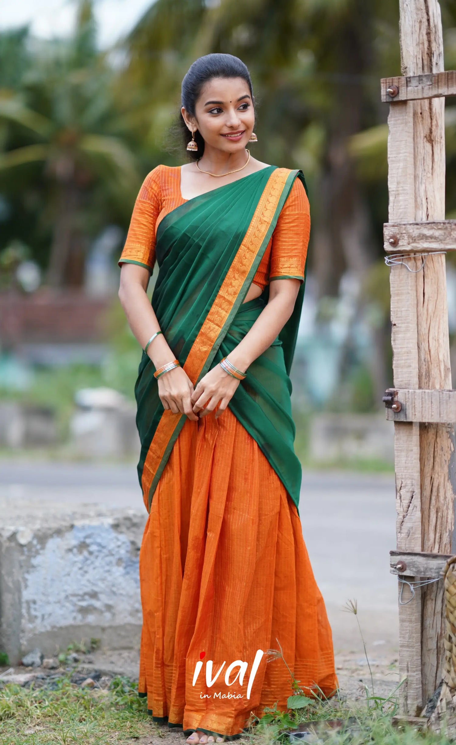 Padmaja Cotton Half Saree - Orange And Dark Green Sarees