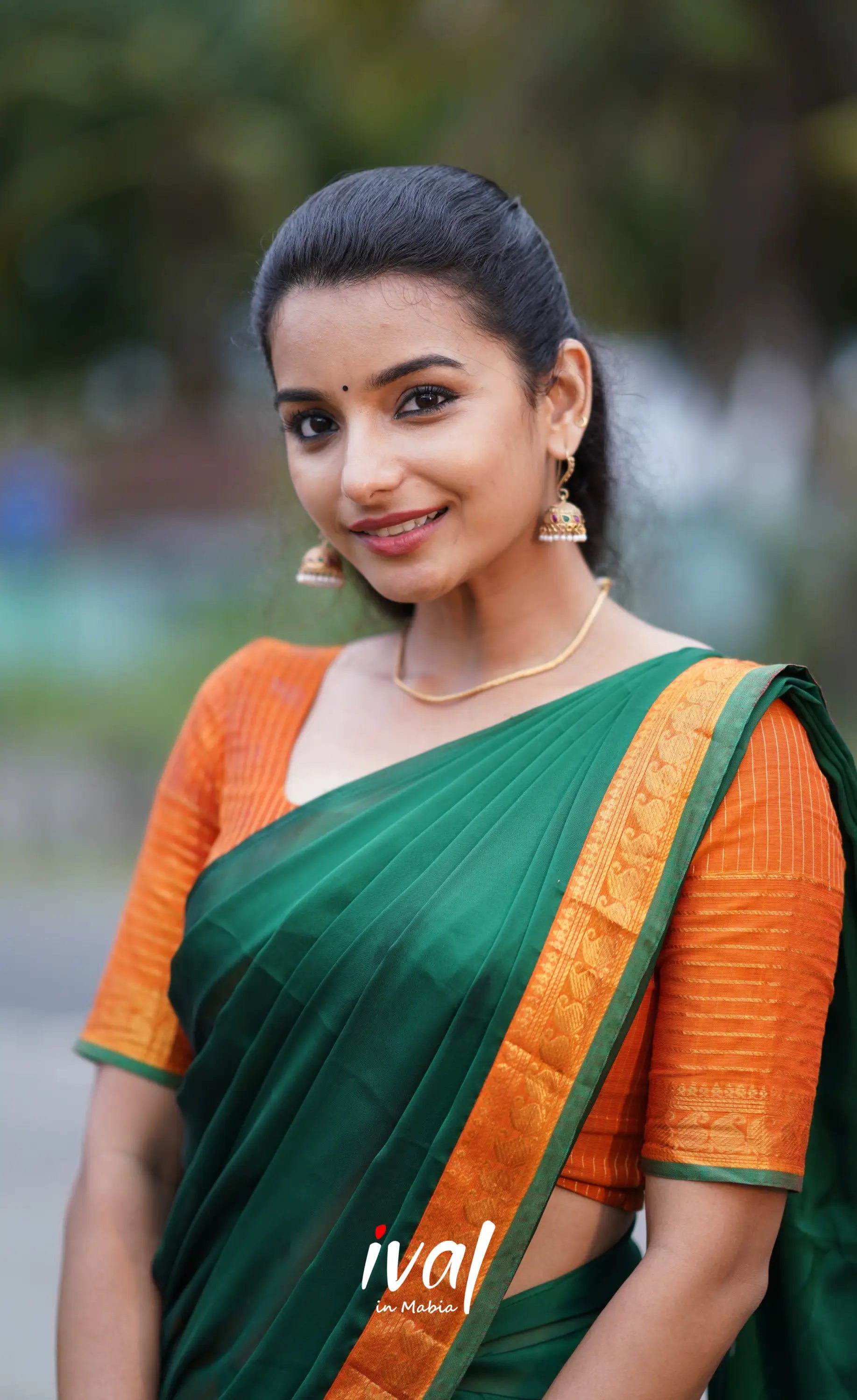 Padmaja Cotton Half Saree - Orange And Dark Green Sarees