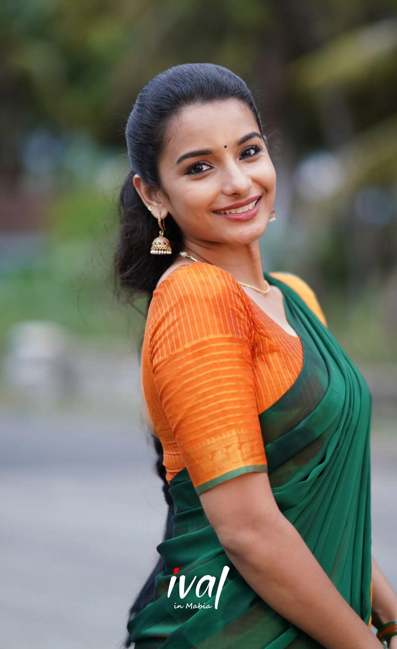 Padmaja Cotton Half Saree - Orange And Dark Green Sarees