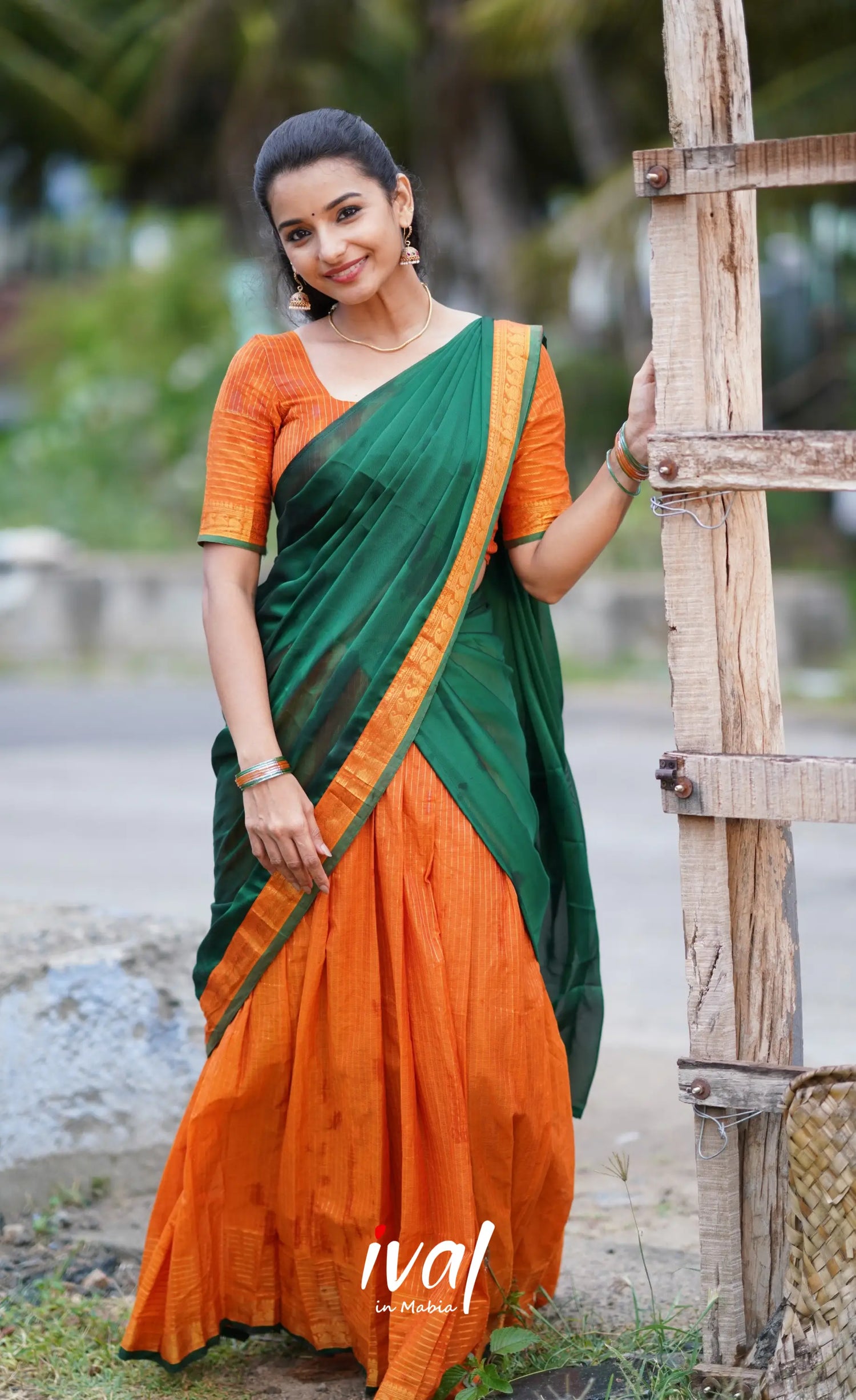 Padmaja Cotton Half Saree - Orange And Dark Green Sarees