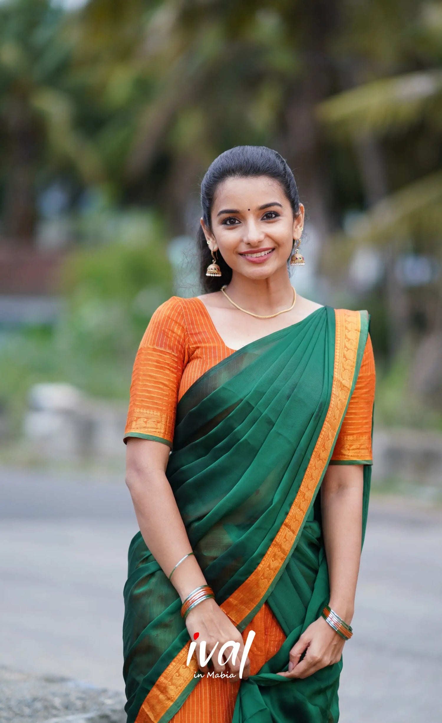 Padmaja Cotton Half Saree - Orange And Dark Green Sarees