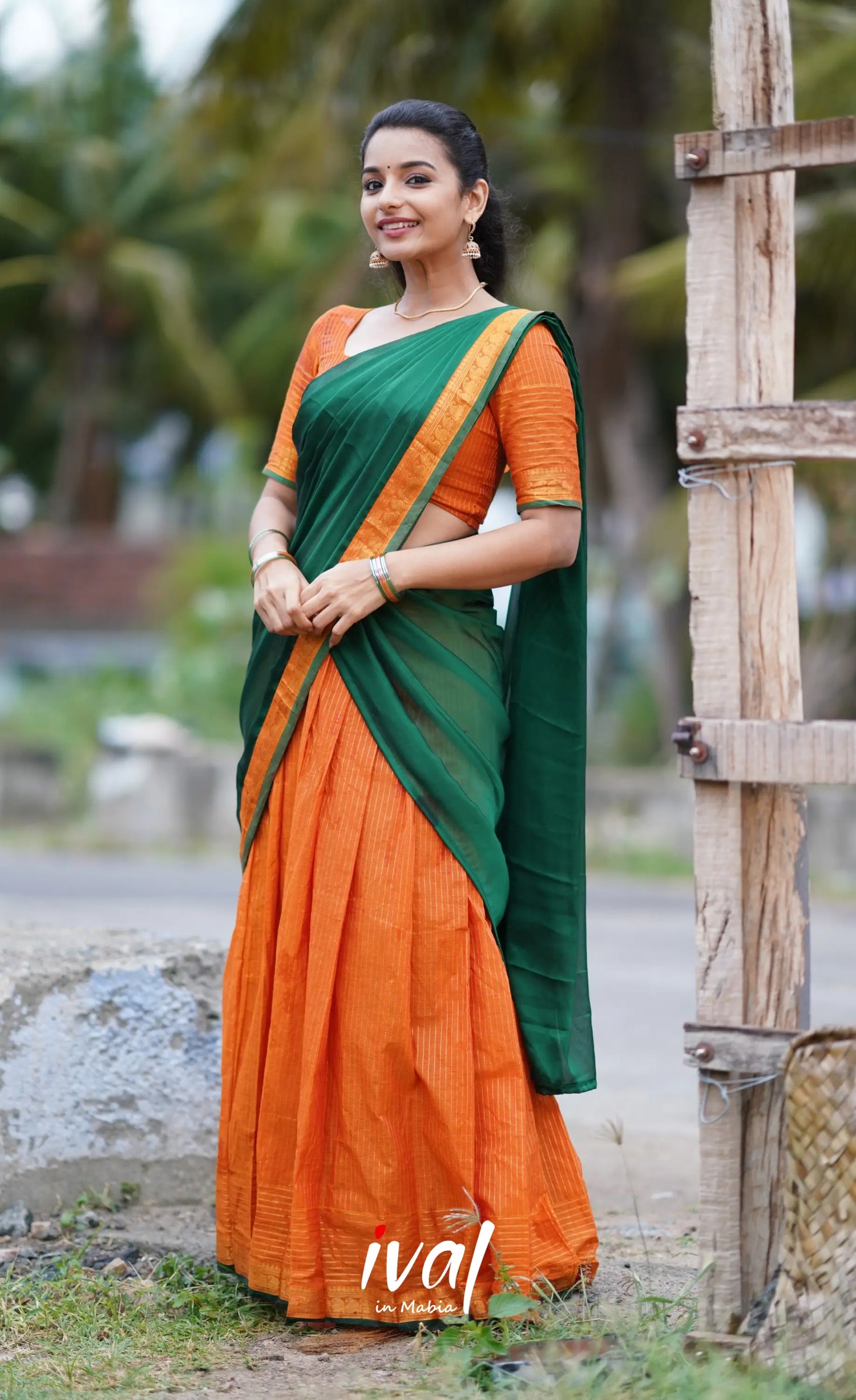 Padmaja Cotton Half Saree - Orange And Dark Green Sarees