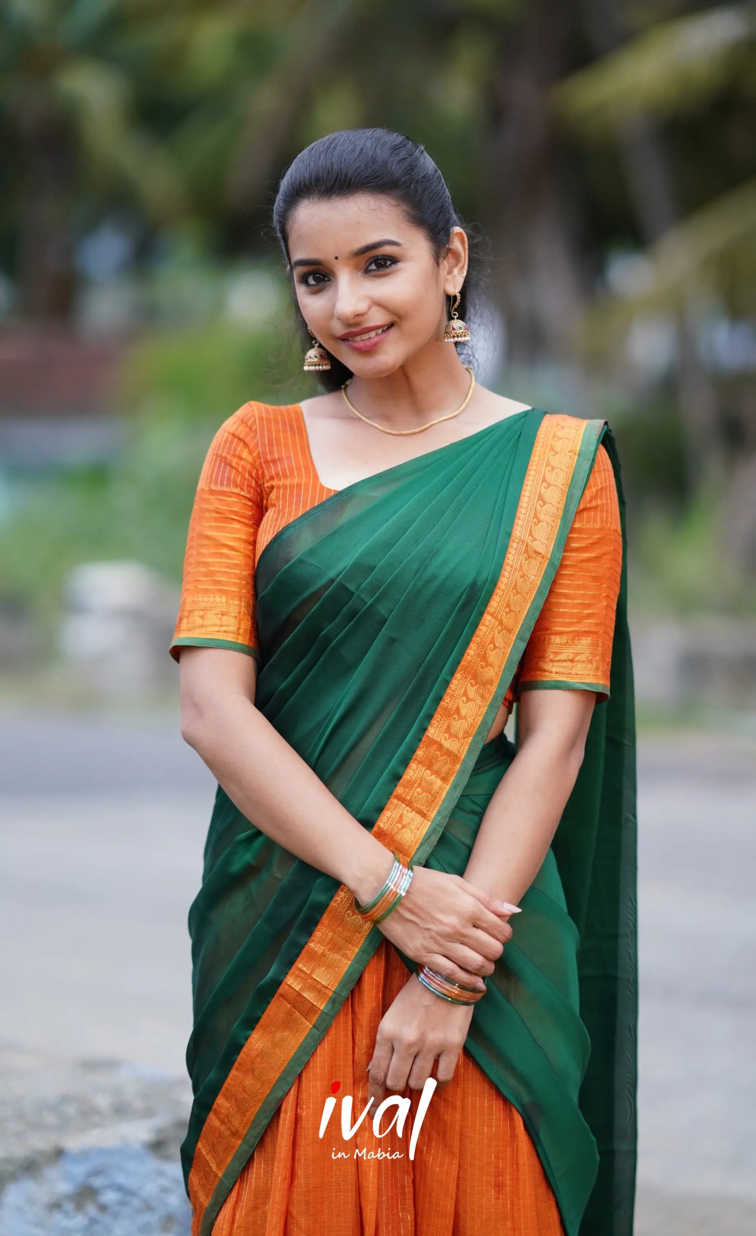 Padmaja Cotton Half Saree - Orange And Dark Green Sarees