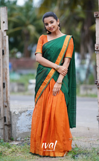 Padmaja Cotton Half Saree - Orange And Dark Green Sarees