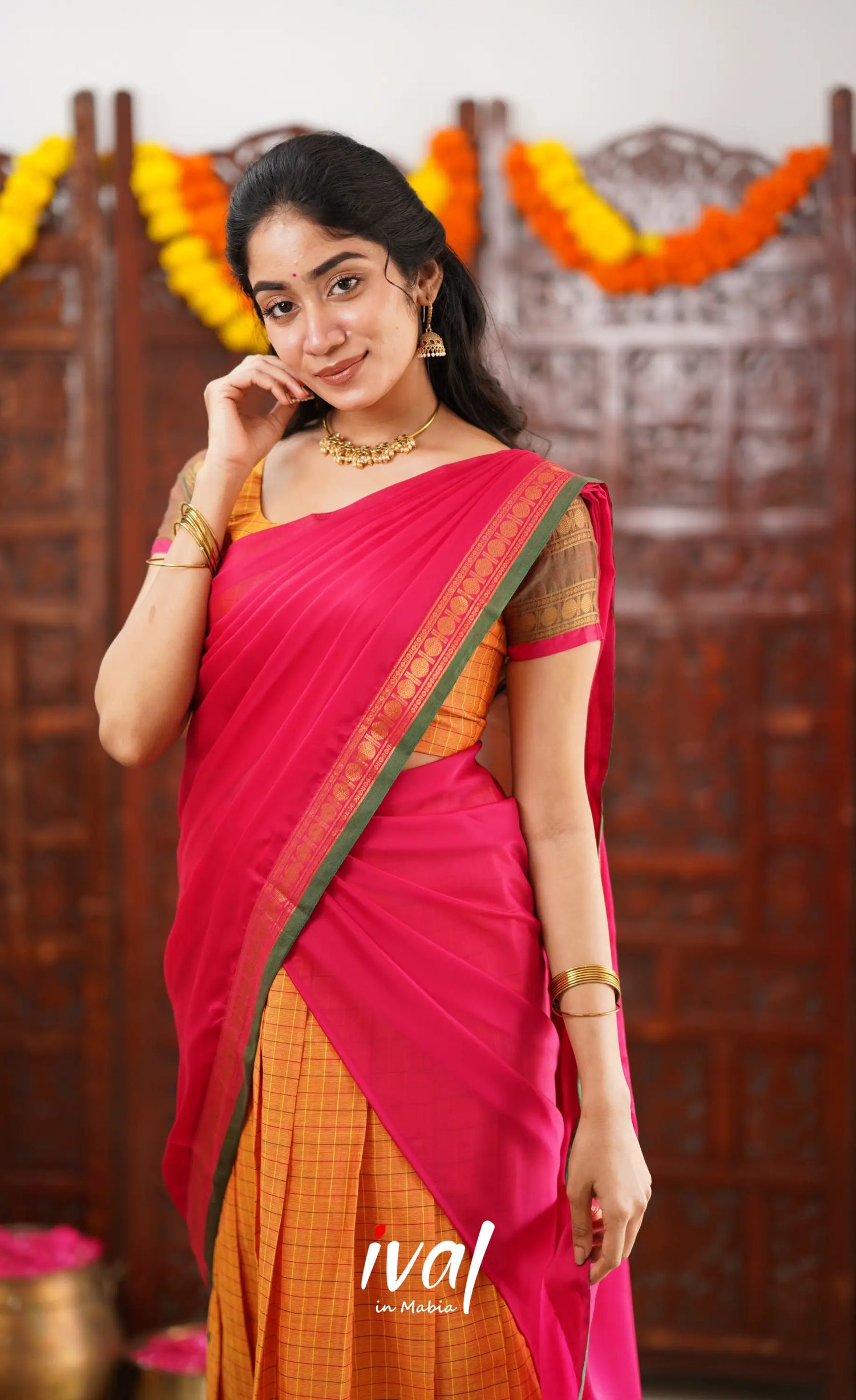 Padmaja Cotton Half Saree - Orange And Dark Pink Sarees