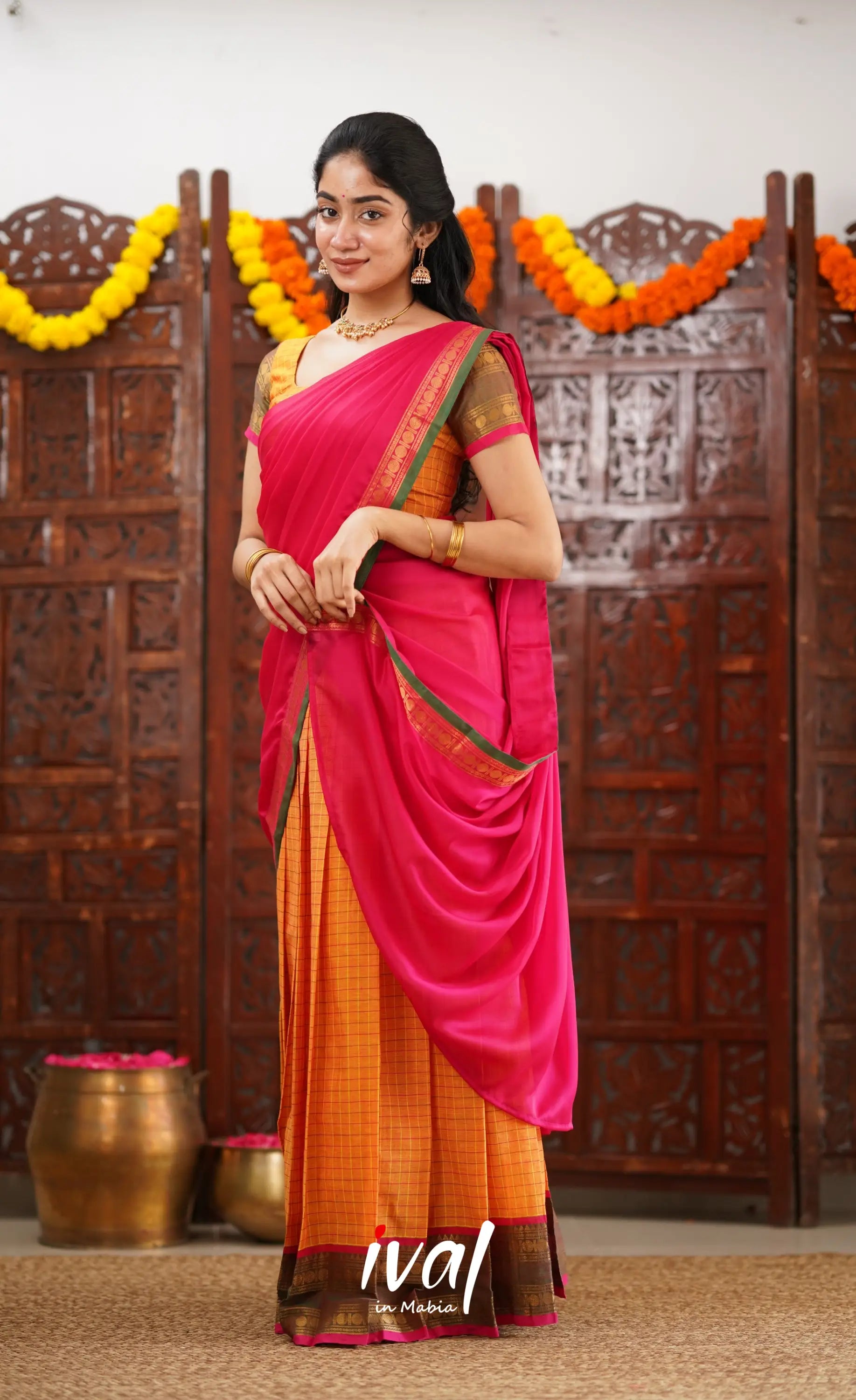 Padmaja Cotton Half Saree - Orange And Dark Pink Sarees