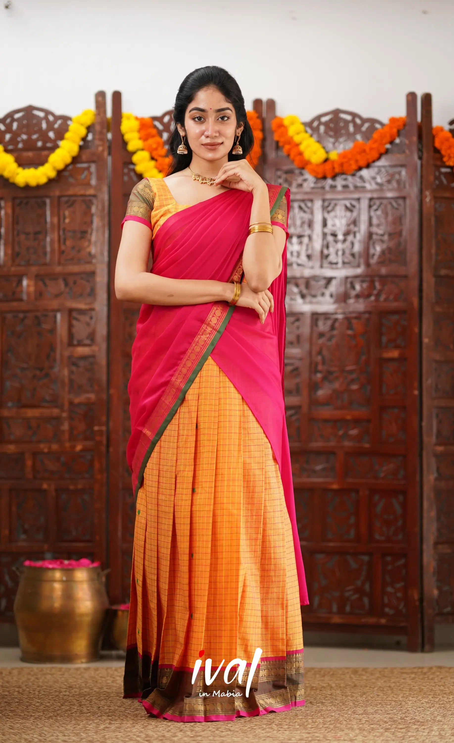 Padmaja Cotton Half Saree - Orange And Dark Pink Sarees