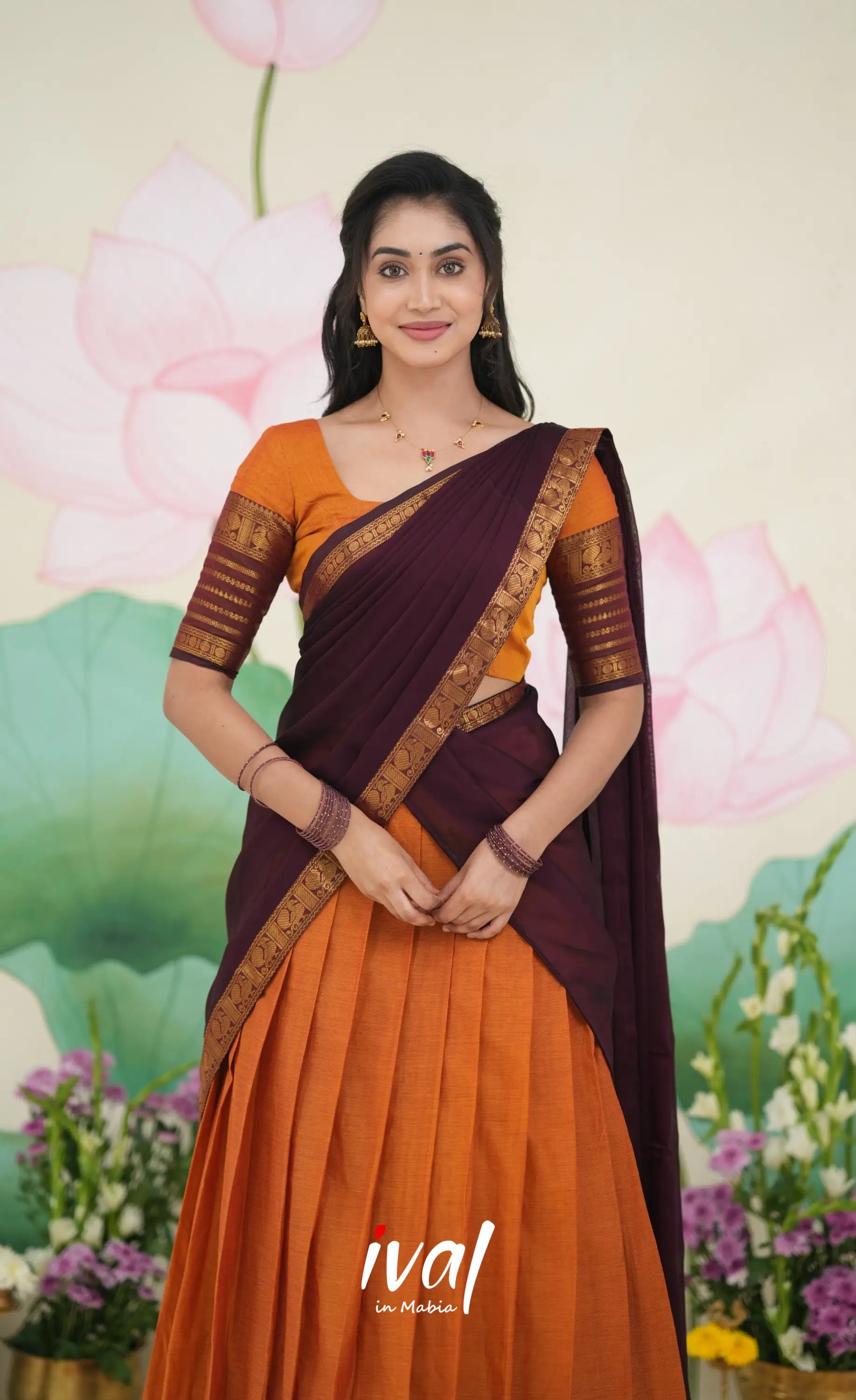 Padmaja Cotton Half Saree Orange and Deep wine Half Sarees