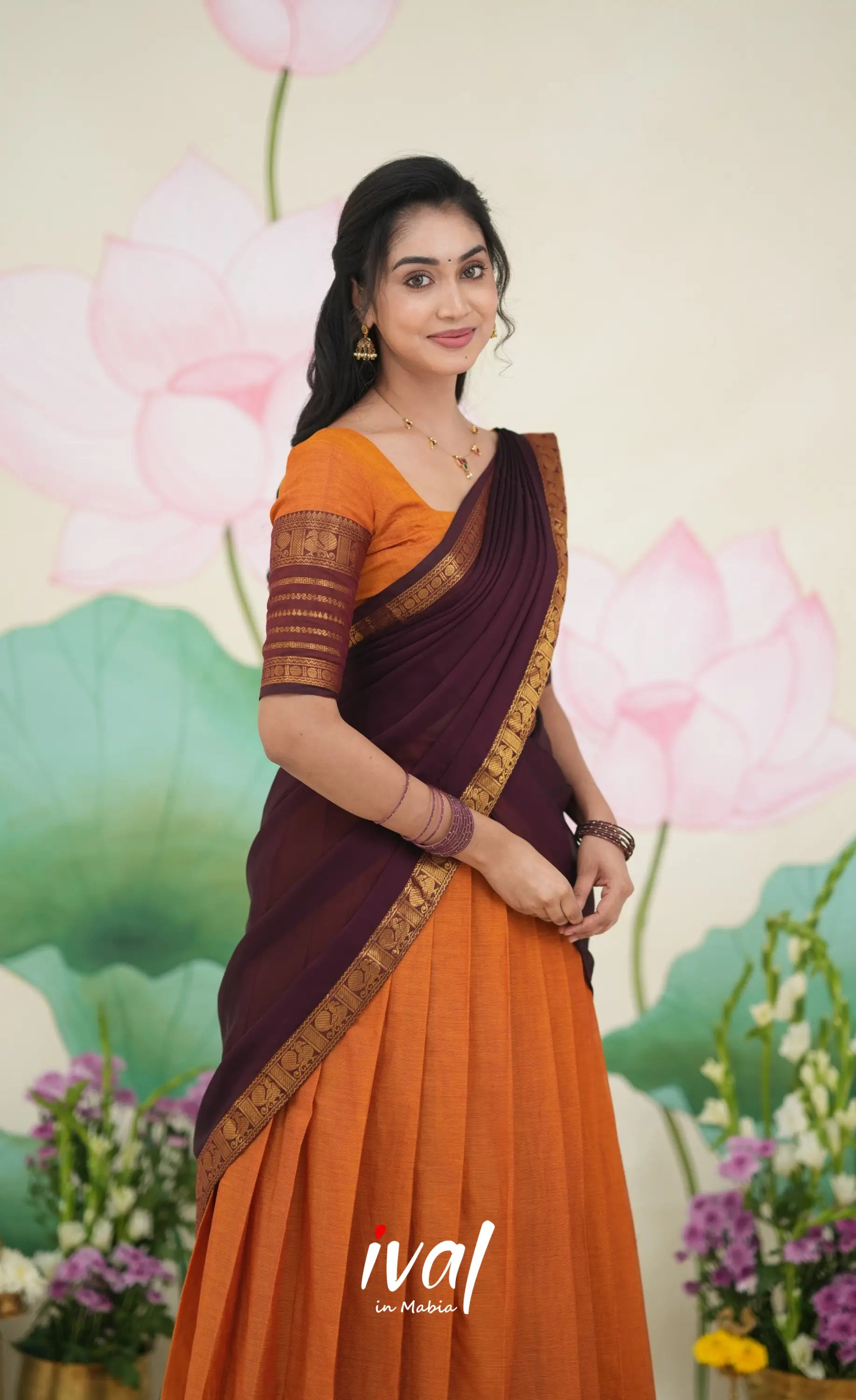 Padmaja Cotton Half Saree Orange and Deep wine Half Sarees