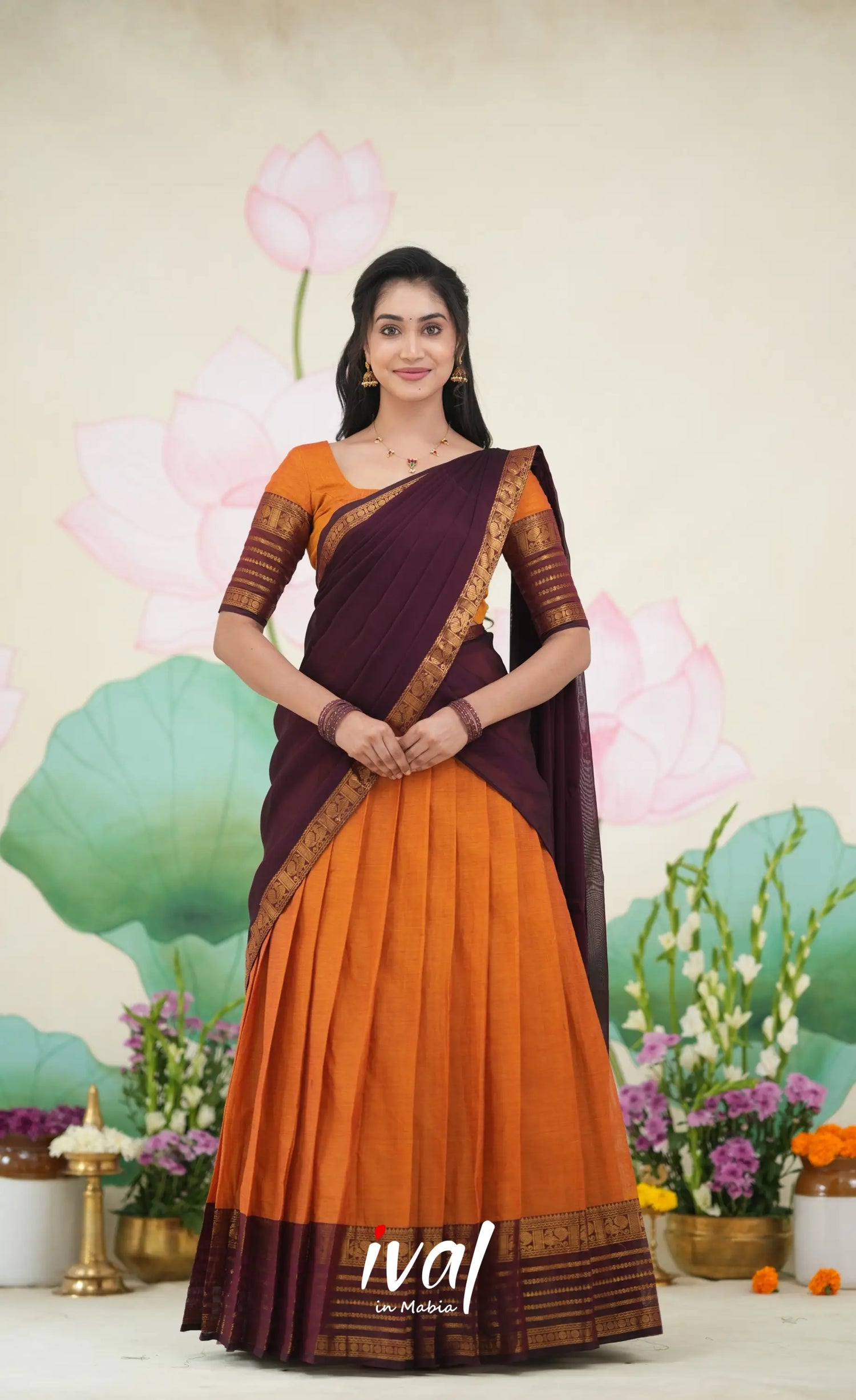 Padmaja Cotton Half Saree Orange and Deep wine Half Sarees